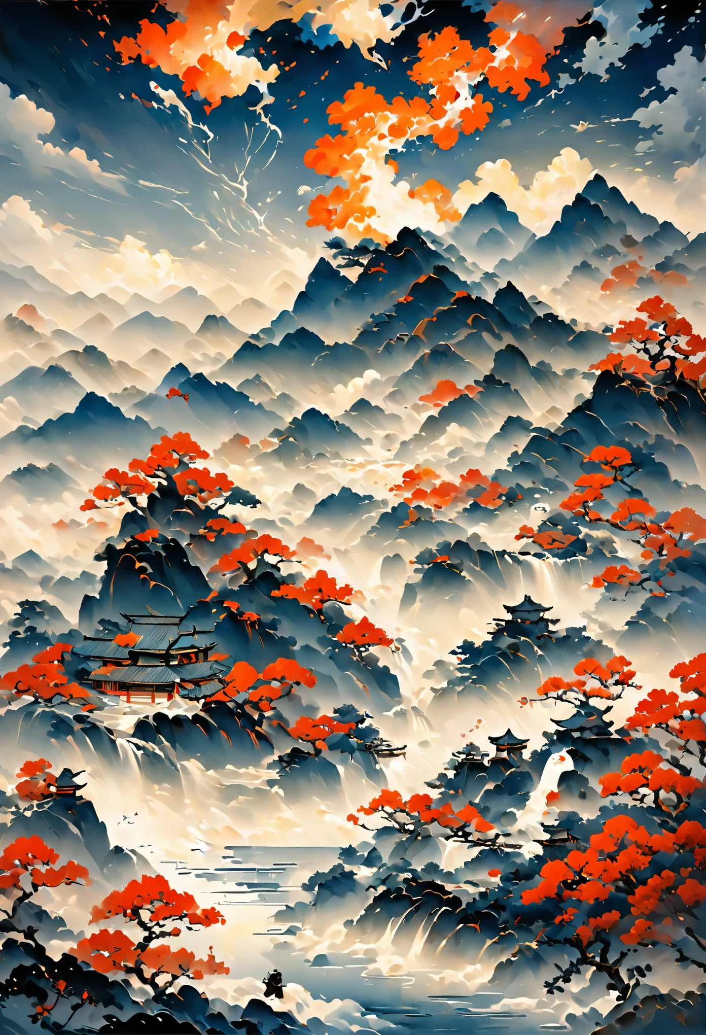 In a national style landscape painting, an exaggerated hamster is standing on a cliff, roaring and roaring, holding up a piece of rice dumplings with its claws, and behind it is the dark sky covered with lightning. The image of the hamster should be prominent and full of tension, and integrate with the artistic conception of traditional Chinese painting landscape. The mountains are outlined with ink blooming, with light ink in the distant mountains and thick ink in the near view, reflecting a sense of hierarchy. The color of the picture is mainly ink, dotted with a little color, highlighting the color of mice and cheese. The overall composition should be clever, beautiful and imaginative