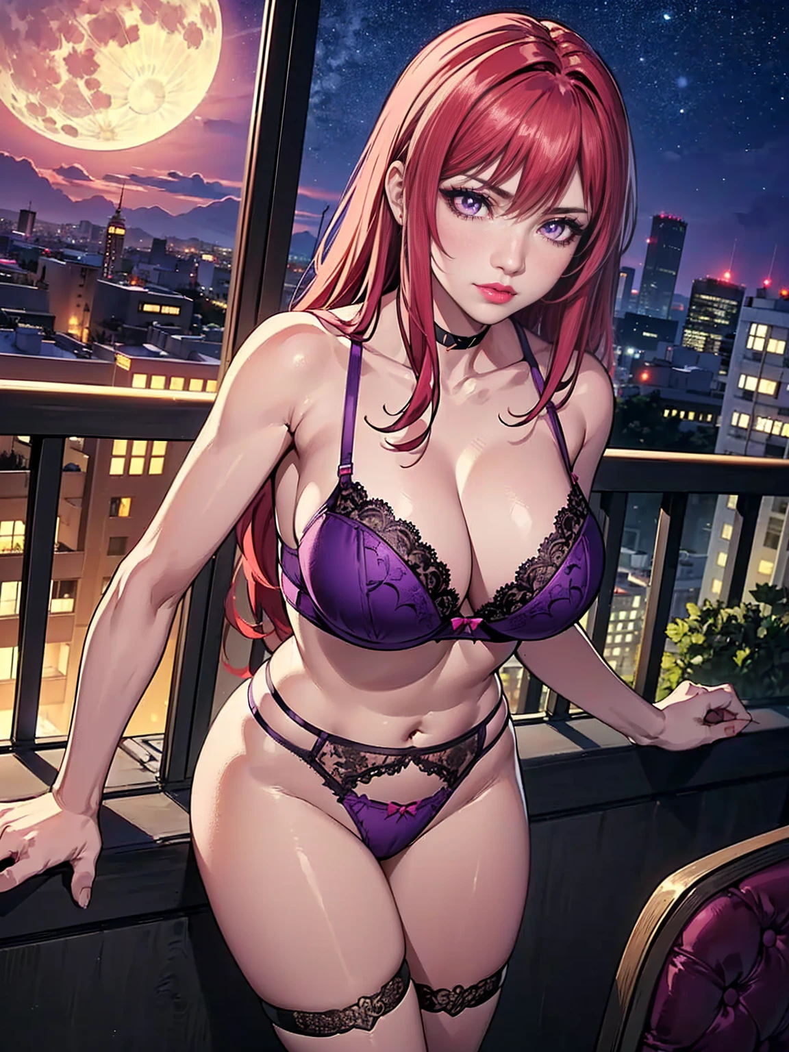((solo, 1woman, TakashiroHiroko, dark purple eyes, red hair, pink lipstick, Extremely detailed, ambient soft lighting, 4k, perfect eyes, a perfect face, perfect lighting, a 1girl)), ((solo, (1woman, pink lipstick), Extremely detailed, ambient soft lighting, 4k, perfect eyes, a perfect face, perfect lighting, a 1girl)), austere, Shizue, grabbing her chest, showing her chest, ((Deep purple eyes)), (anime style image, woman in lingerie, posing on a balcony, seductive anime girl, beautiful seductive anime woman, sexy girl, fully clothed, revealing outfit, purple bra, violet panties, lace bra, lace panties, lace purple thong, a balcony building, night city, milky way, full moon, cosmopolitan)