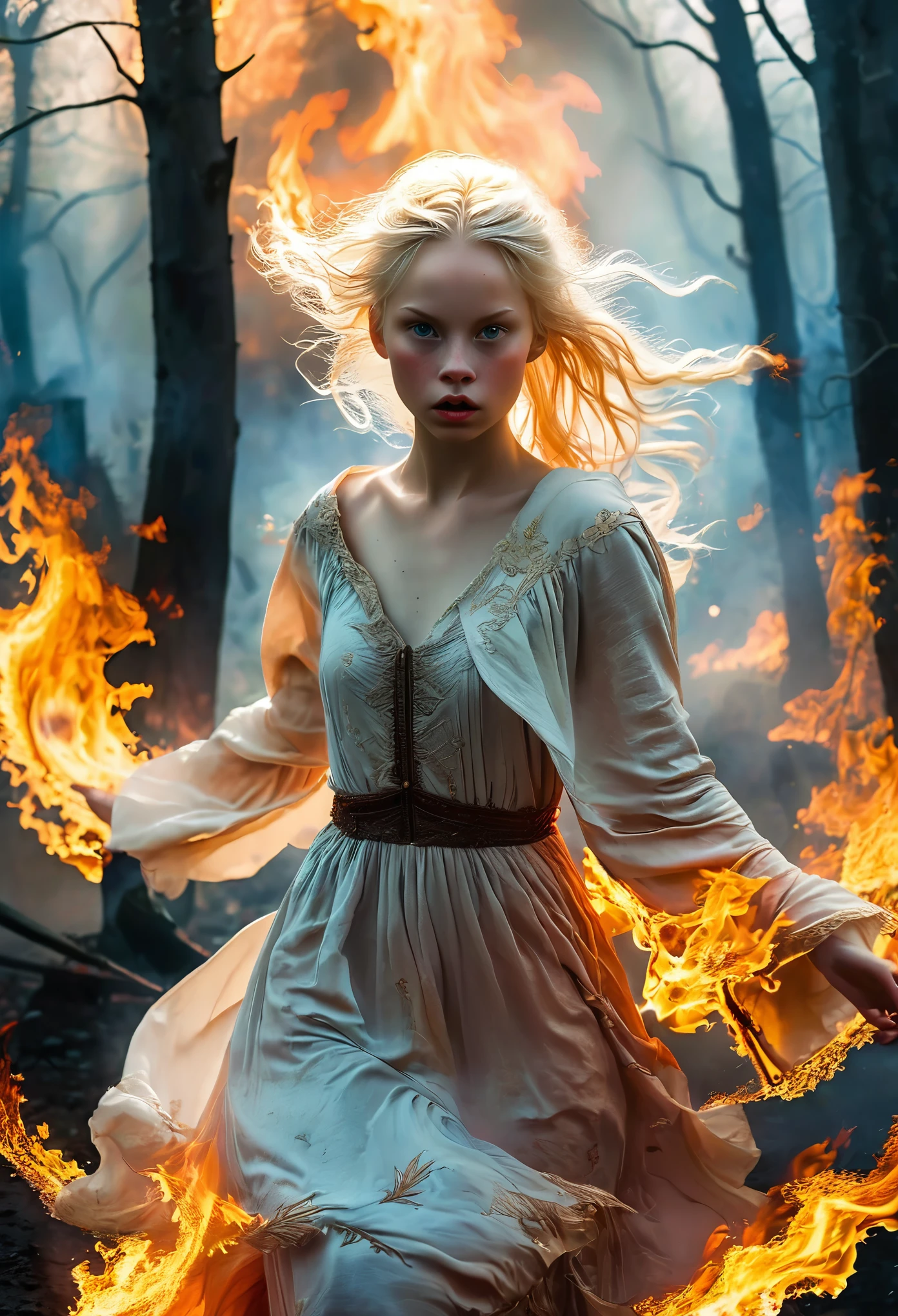 cover of a Fantasy book with an albinos Beautiful girl running in the forest in fire, in the night, (((elle a peur:1.5, elle pleure:1.5))), coverbook, chaotic scene, the background is a night city on fire, elle porte une robe en lambeaux:1.5, (((des poursuivant armés la suivent))), 8K, realistic.HD, 4K, HD, De vrais visages, Cinematography L&#39;image doit avoir un rapport hauteur/largeur de 1:1.6, et mesurez au moins 2,500 pixels on the longest side.
