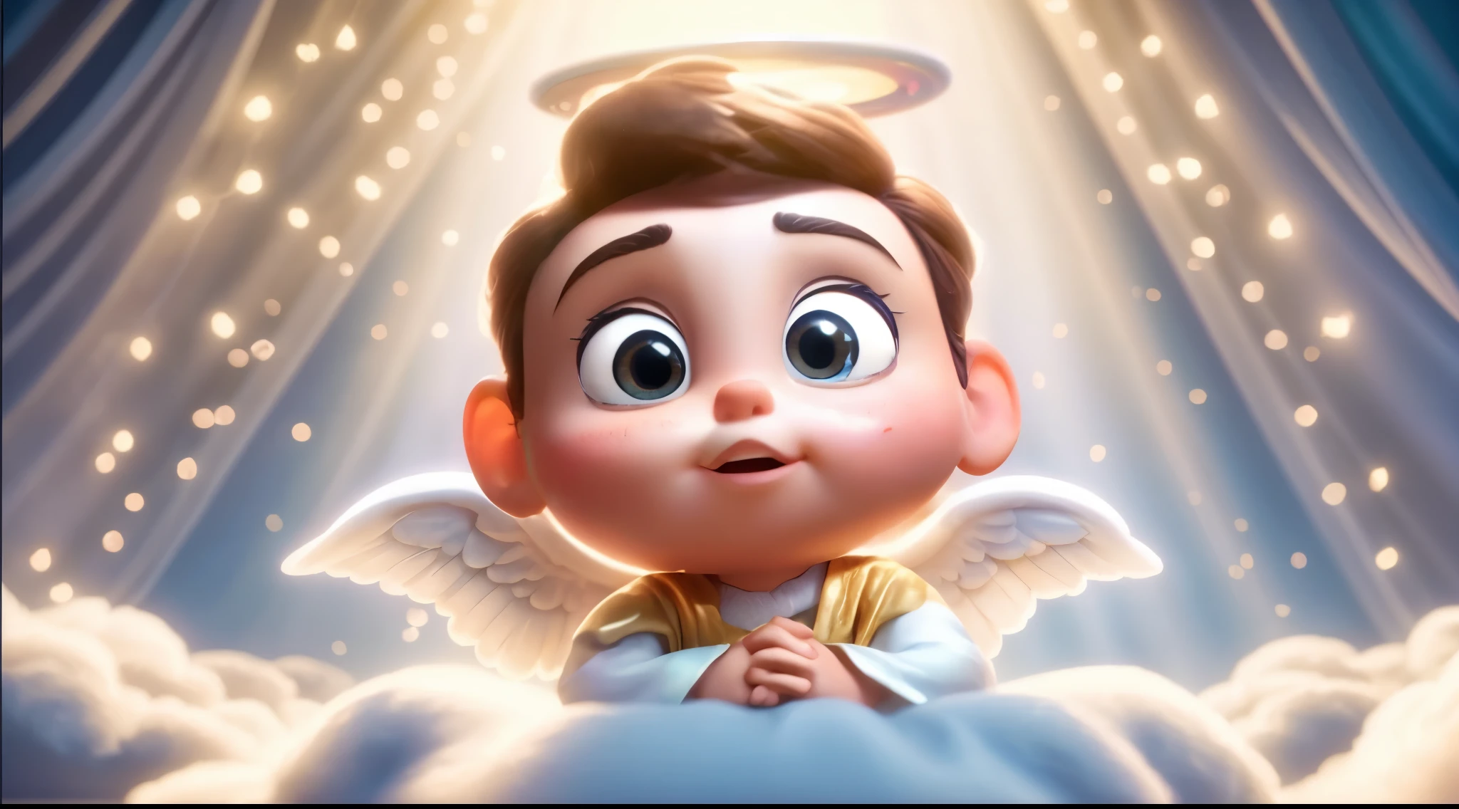 3D Disney pixar art, In the image, there's an animated cherub with a halo and folded hands, standing on a cloud. The background is a curtain of lights, 4k, unreal engine render, epic pixar art