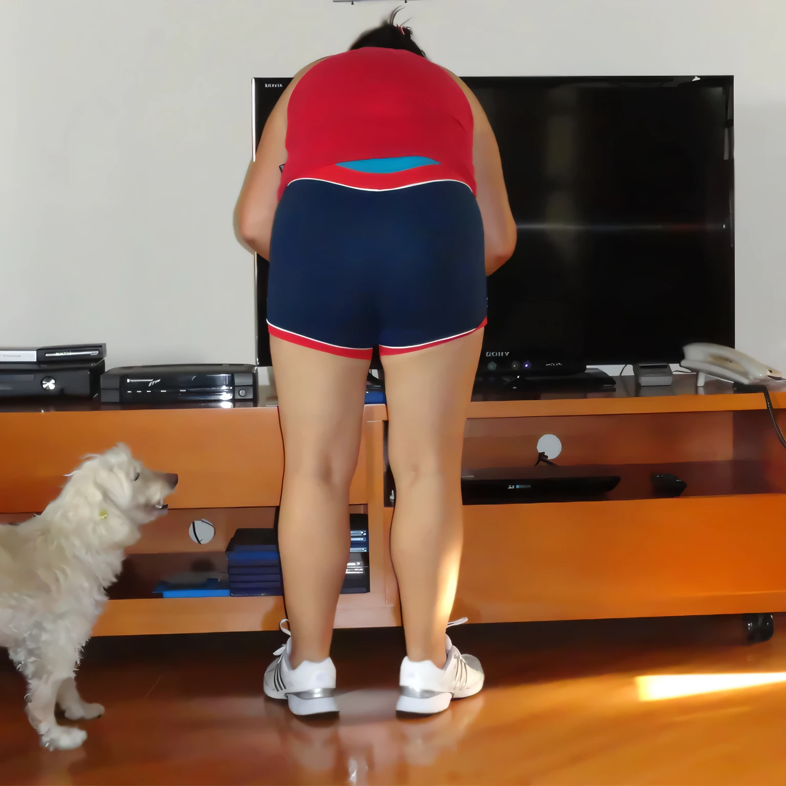 woman in pink top and blue shorts standing next to a white dog, cottagecore!! fitness body, by Felipe Seade, by Judith Gutierrez, by Nándor Katona, by Amelia Peláez, fitness, by Gina Pellón, by Almada Negreiros, in an action pose, by Luis Miranda, by Juan Fernando Cobo