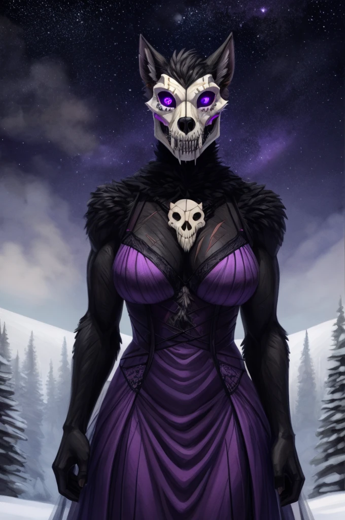 Tall_muscular_mature_werewolf female black_furry_body purple_eyes chest_tuft very_fluffy misty_breath snowy_forest starry_sky solo Masterpiece best_quality absurdres highly_detailed well_drawn_eyes anthro_only by_greasymojo by_runawaystride scars portrait laced_gown sugar_skull_face_paint