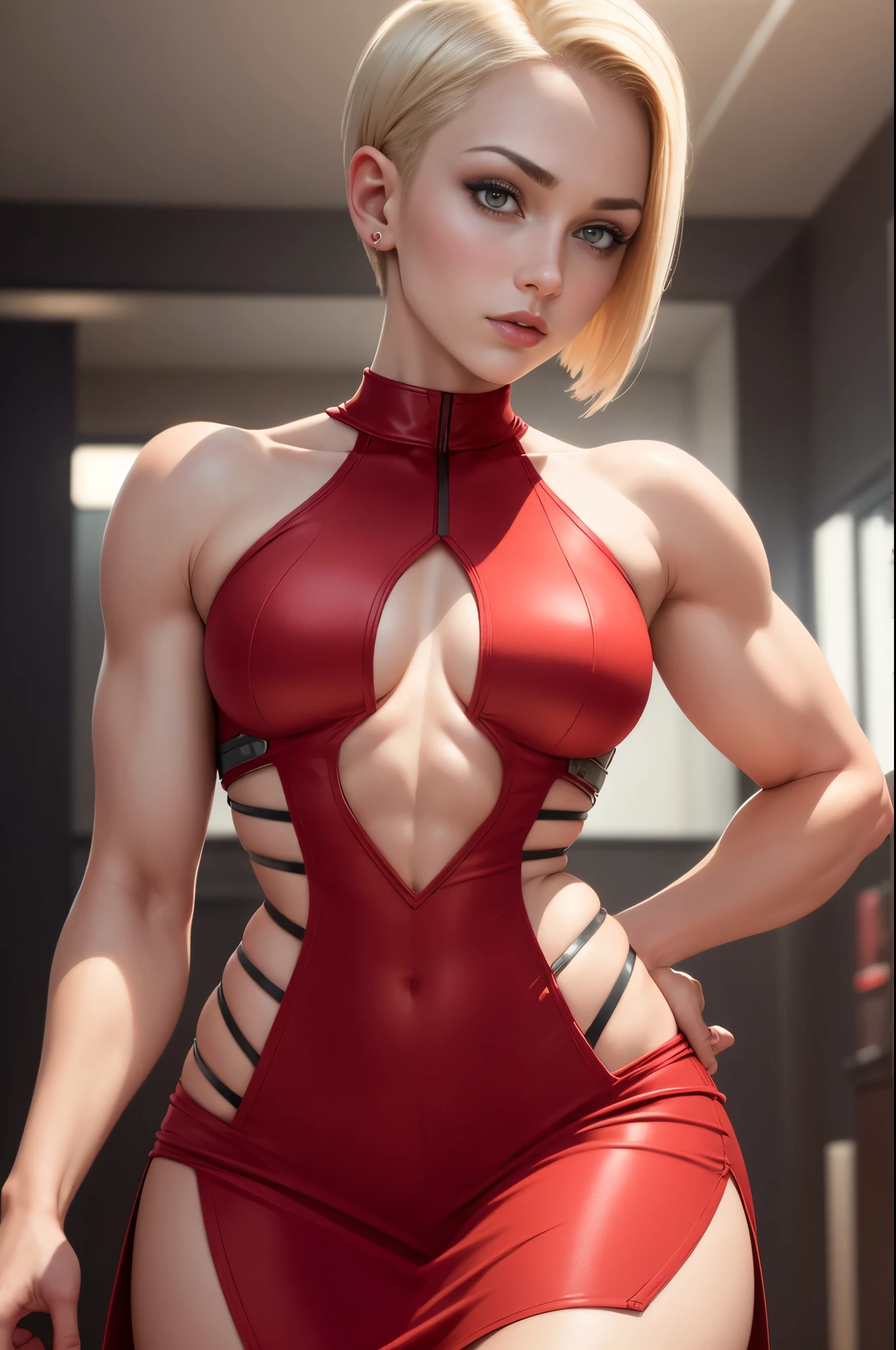 short red dress, undercut platinum bobcut blonde hair, beautiful detailed eyes, beautiful detailed lips, small breasts, fit and muscular physique, short hair, confident expression, strong and capable posture, cybernetic enhancements