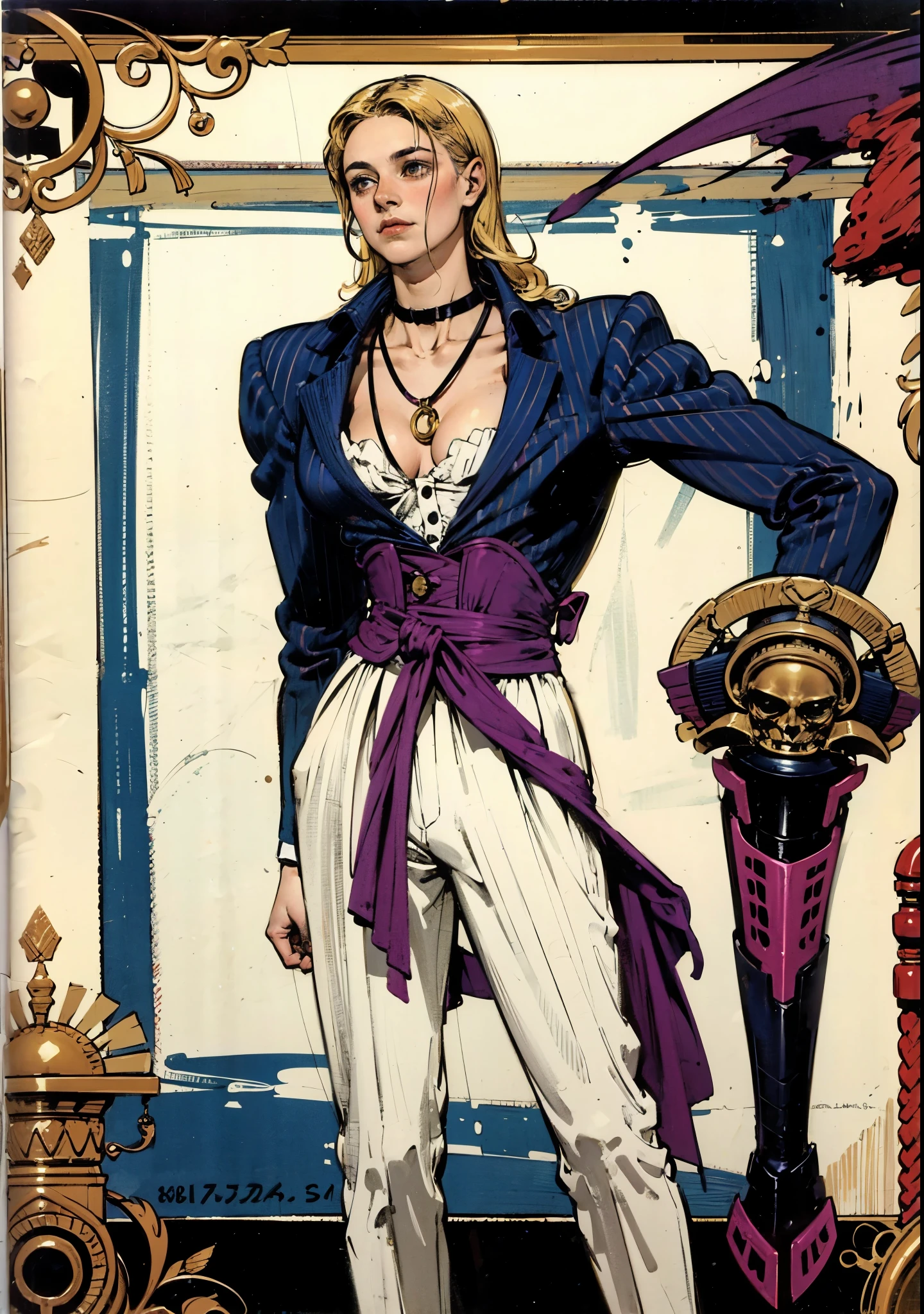 A woman with medium-length golden hair, (features of Native American heritage), distinct facial contours, an oval-shaped face, deep-set eyes, a resolute expression, a small crystal necklace that emits a soft purple glow, a fantasy-realism style gender-neutral striped white suit, the open collar reveals a tight-fitting bustier underneath, matching suit pants, in her left hand holds a sci-fi ancient civilization-inspired anchor-shaped weapon, she stands confidently on a boundless wilderness road, this character embodies a finely crafted fantasy-realism-style bounty hunter in anime style, exquisite and mature manga art style, (perfect body, perfect nose, perfect mouth, perfect eyes), ((Feminine:1.2)), high definition, best quality, highres, ultra-detailed, ultra-fine painting, extremely delicate, professional, anatomically correct, symmetrical face, extremely detailed eyes and face, high quality eyes, creativity, RAW photo, UHD, 32k, Natural light, cinematic lighting, masterpiece-anatomy-perfect, masterpiece:1.5