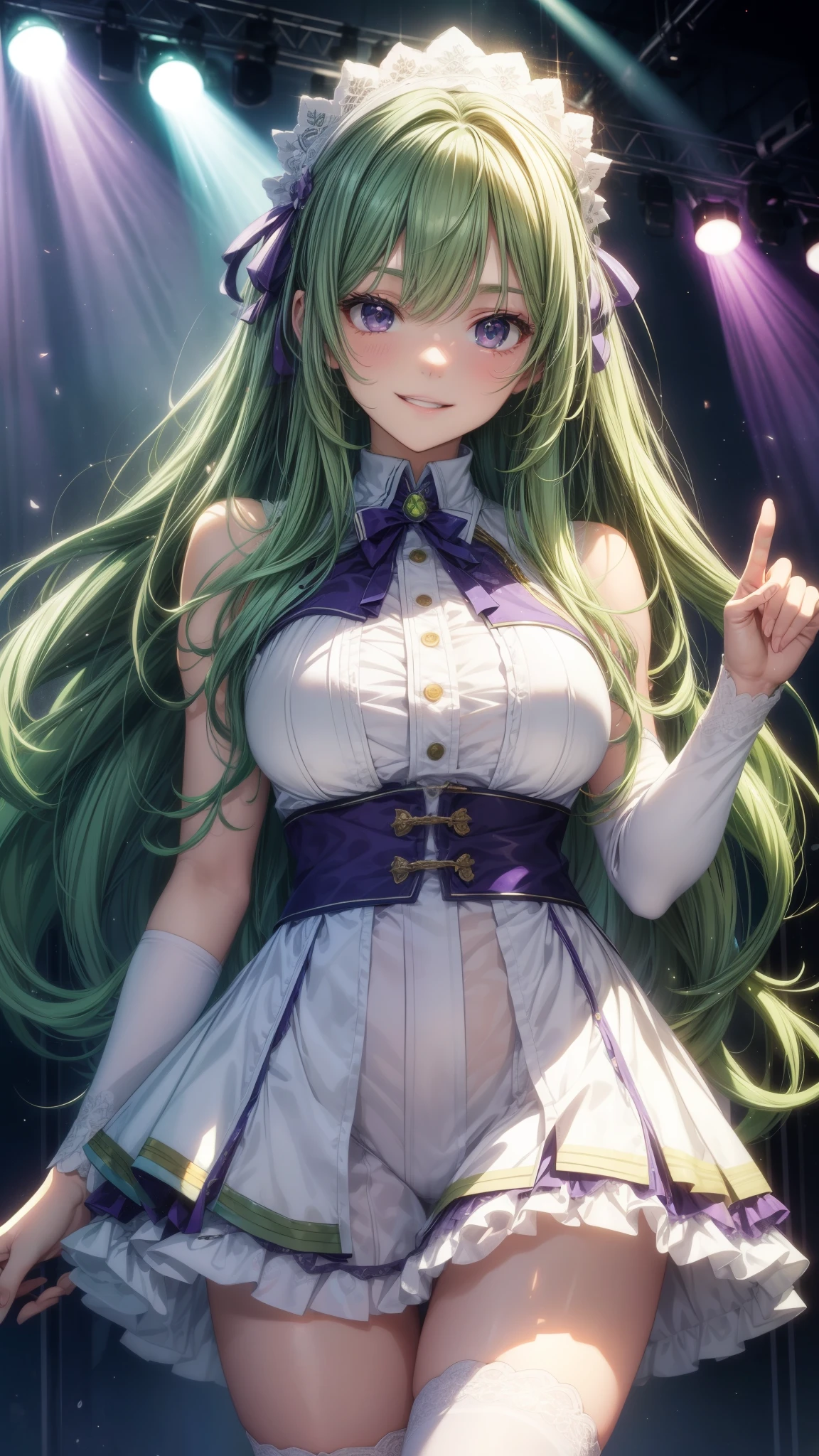 highest quality、All limbs、full finger、Slender beauty、straight hair、brown hair、Dereste、green, white and purple idol costume、high socks、beautiful big breasts、live stage、sing、dancing、big smile、((tits、nipple、no panties、sexually seducing me))、Love juice dripping from the pussy