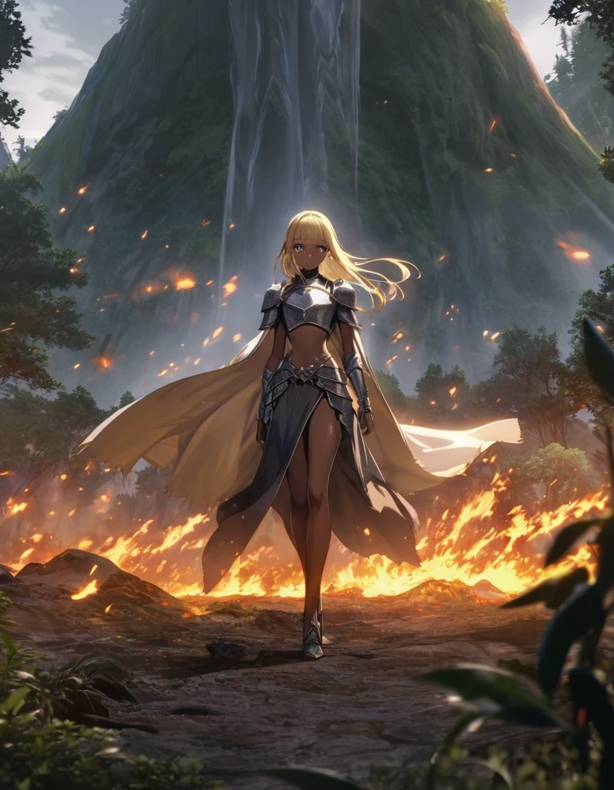 A stunning, ultra-high-resolution anime masterpiece featuring a slender dark elf woman, adorned in medieval plate mail armor. Her tan skin contrasts with her blonde, straight hair that falls to her waist and frames her face, which is partially obscured by a curtain of blunt bangs. She stands confidently amidst a forest backdrop, with a volcano in the distance, as volcanic ash swirls around her. The intricate details of her armor and the high-quality rendering of the scene create a captivating and dynamic visual experience., anime, magic, fantasy,