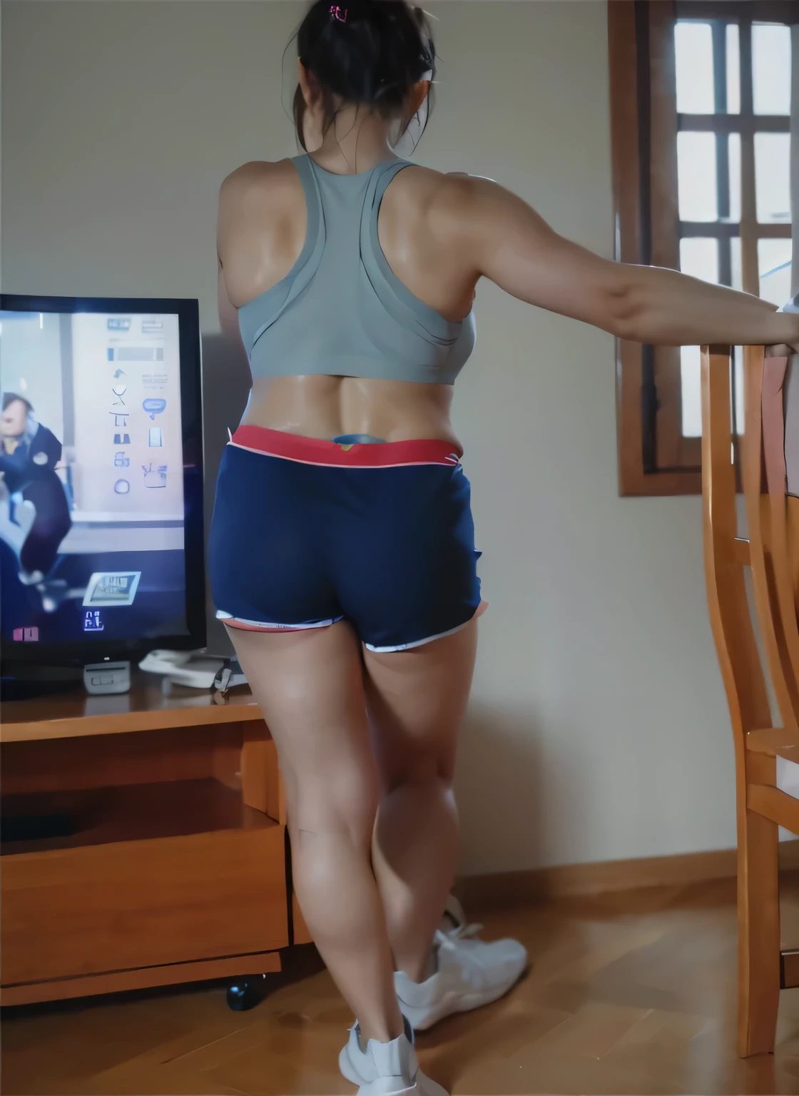There is a woman in front of a television playing video games, dark blue sports bra and shorts, sports bra and shorts, pose de costas, Rear view, Rear view, long shot from behind, Rear view!!, tiro longo pelas costas, full body distant view, tiro traseiro, from behind, Rear view, centered full body tiro traseiro. Garota fitness. Clear photo, alta qualidade, high resolution, trabalho de arte, 8k.