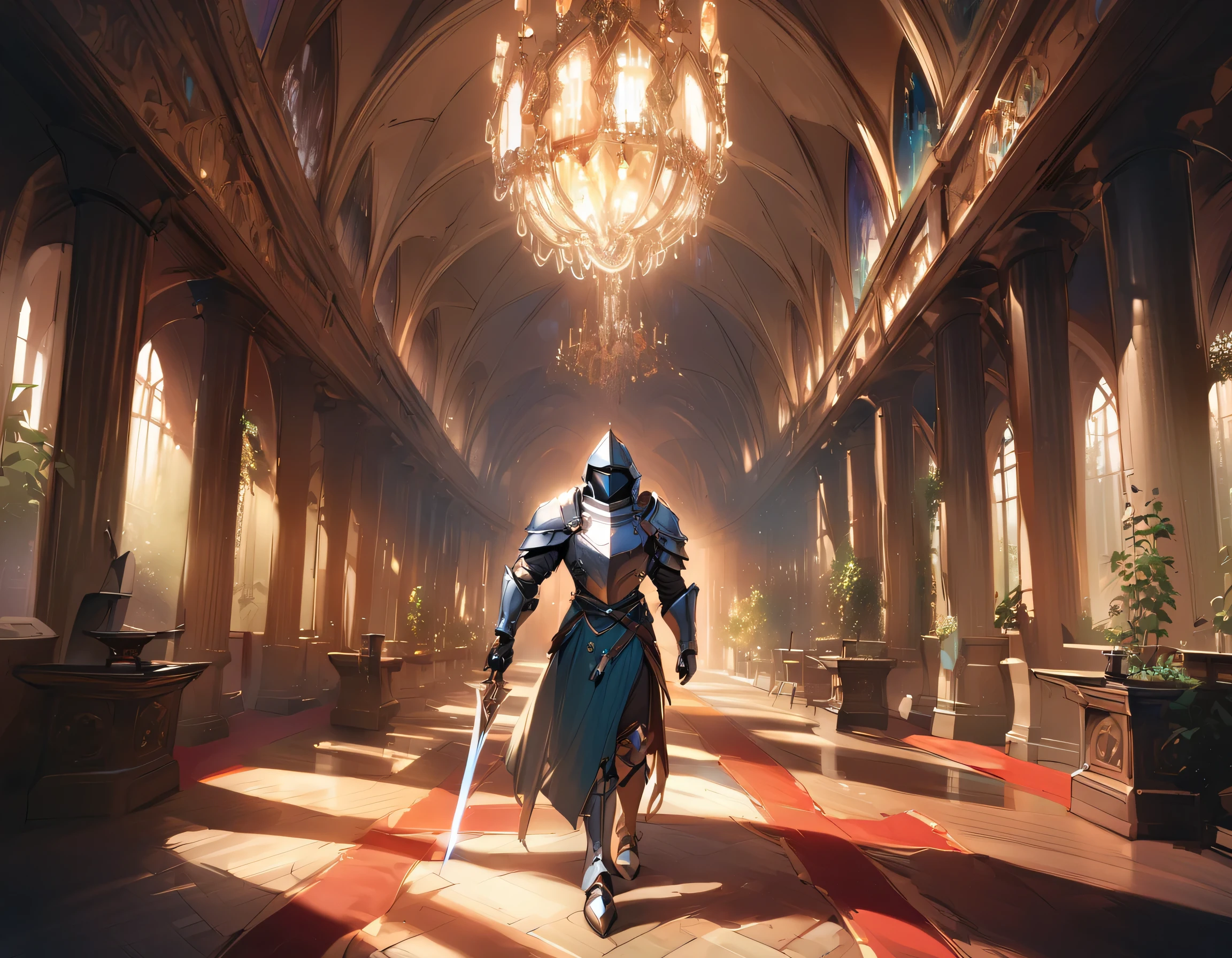arknight, Doutor,Knight in detailed silver armor with double-edged sword in right hand, volumetric light, oil painting, 16mm, low angle shot around a large medieval hall with columns. arte de Yoji Shinkawa, symmetrical Qireatár iris, approaching perfection, forma pura, minimalista, isometric, arte conceitual de Brian Froud, de Griffiths Carne, de Wadim Kashin, Direction: John William Waterhouse, detalhes intrincados, 8k post production, high resolution, Tanvir Tamim, hiperdetalhado, trends in artstation, sharp focus, studio photo, detalhes intrincados, altamente detalhado, Tenente Greg Rutkowski