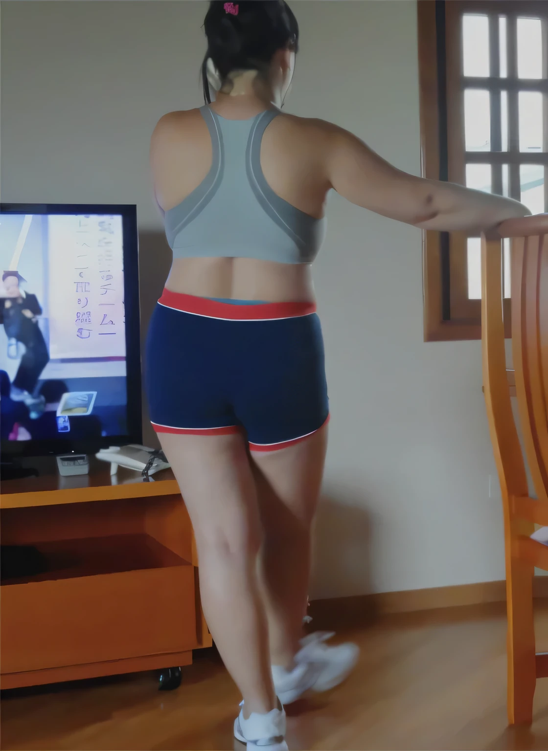 There is a woman in front of a television playing video games, dark blue sports bra and shorts, sports bra and shorts, pose de costas, Rear view, Rear view, long shot from behind, Rear view!!, tiro longo pelas costas, full body distant view, tiro traseiro, from behind, Rear view, centered full body tiro traseiro. Garota fitness. Clear photo, alta qualidade, high resolution, trabalho de arte, 8k.