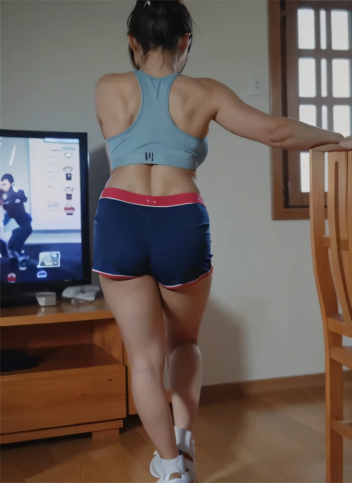 There is a woman in front of a television playing video games, dark blue sports bra and shorts, sports bra and shorts, pose de costas, Rear view, Rear view, long shot from behind, Rear view!!, tiro longo pelas costas, full body distant view, tiro traseiro, from behind, Rear view, centered full body tiro traseiro. Garota fitness. Clear photo, alta qualidade, high resolution, trabalho de arte, 8k.