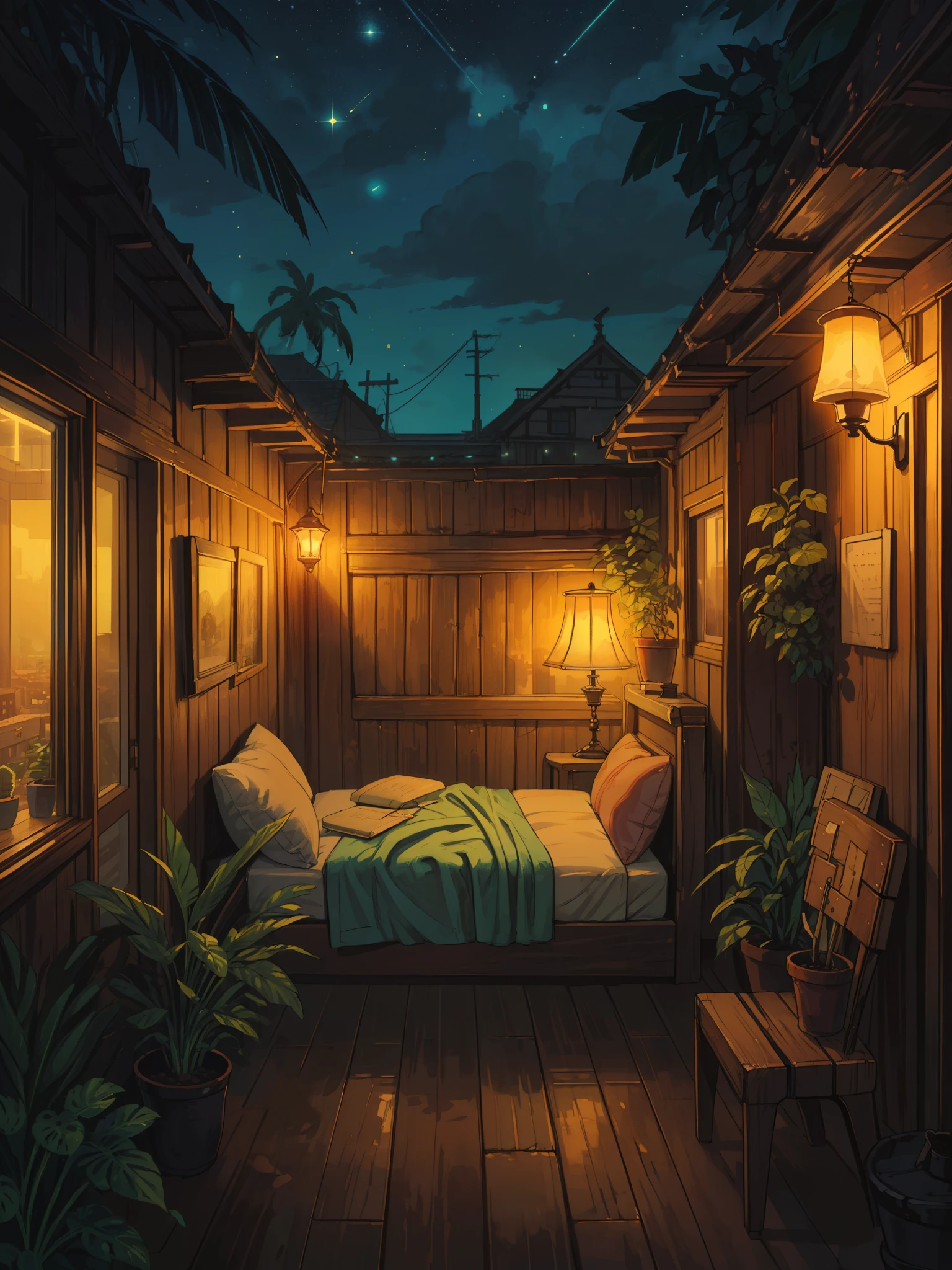 (masterpiece:1), (wide view:1.7), (interiors of a beautiful duplex bedroom:1.6), (spiral staricase:1.3), (dense tropical plants in pots:1.5), (evening time:1.3), silence, (city visible from window:1.4), (aesthetically beautiful decorations:1.5), (bright glow of vibrant tones:1.4), (fairylight:1.5), magnificent sky, (volumetric light:1.2), peaceful, (big sofa:1.5), (televison:1.3), (laptop:1.3), (chair:1.5), (lamp:1.4), (beautiful aesthetics:1.2), (calm:1.4), beautiful tones, subtle colors, peaceful, (illustration: 1.0), epic composition, realistic lighting, (no human:1.6), HD details, masterpiece, best quality, ,