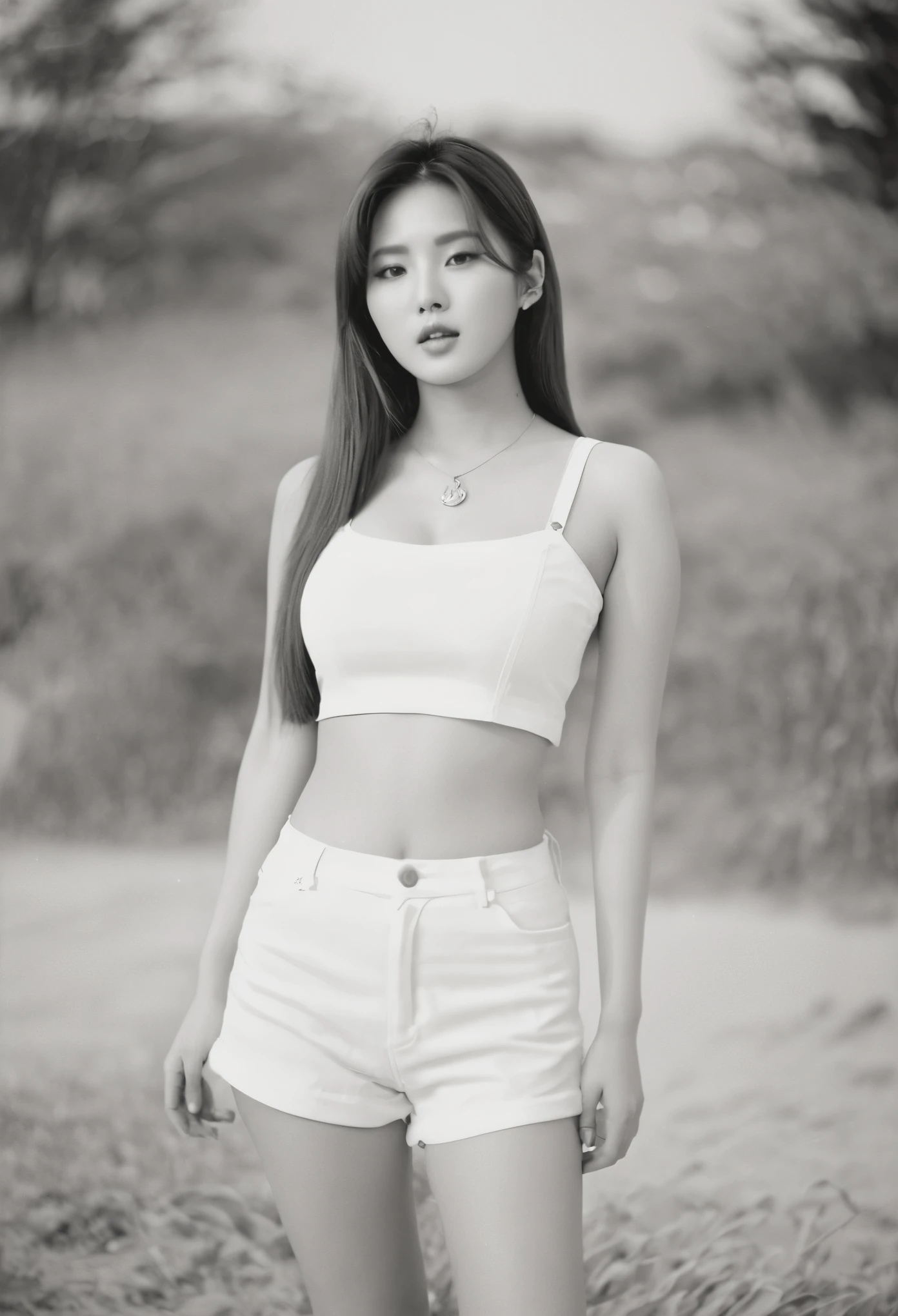 Photo of a Beautiful Korean kpop idol Woman, Summer, sexy, big ass, film grain, Ilford HP5, 80mm