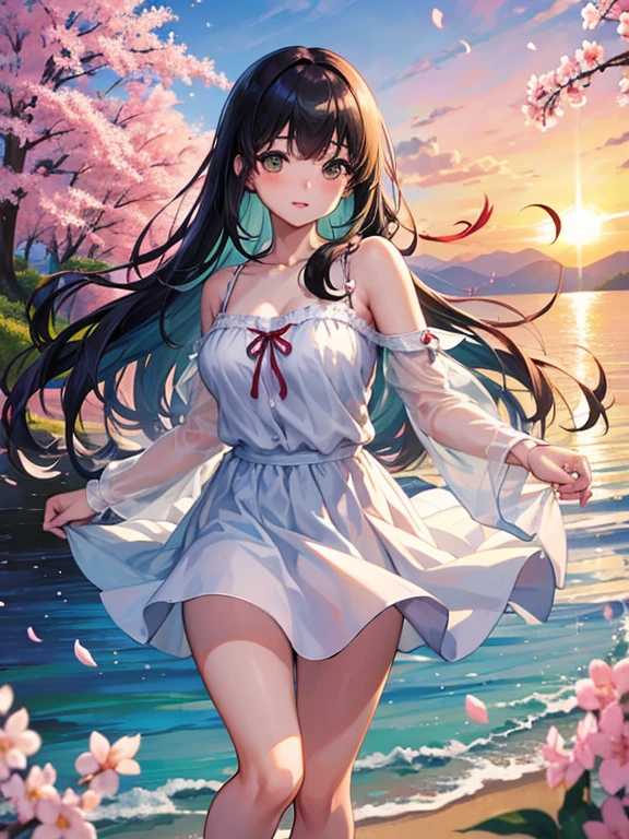 (((masterpiece, high quality, 16k resolution))), detailed, beautiful anime girl, ((large breasts)), slender waist, pale skin, black hair, fine hair, simple clothing, white T-shirt, no accessories, (looking away:1.4), (walking in neon-lit night city), spring season, comfortable weather, discovering beautiful night cherry blossoms, neon lights, joyful expression, smiling, looking up at sakura, stunning smile, captivating eyes, delicate face, artistic, emotional depth, serene atmosphere, detailed background, vibrant colors, breathtaking beauty