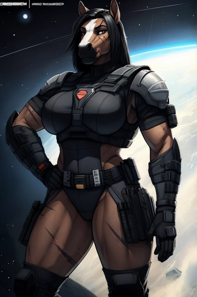 Tall_muscular_horse horse_snout female black_hair dark_gray_furry_body gray_eyes scars solo Masterpiece best_quality absurdres highly_detailed well_drawn_eyes anthro_only by_claweddrip, by_greasymojo, by_underscore-b, by_runawaystride heavy_power_armor tactical_vest space_marine