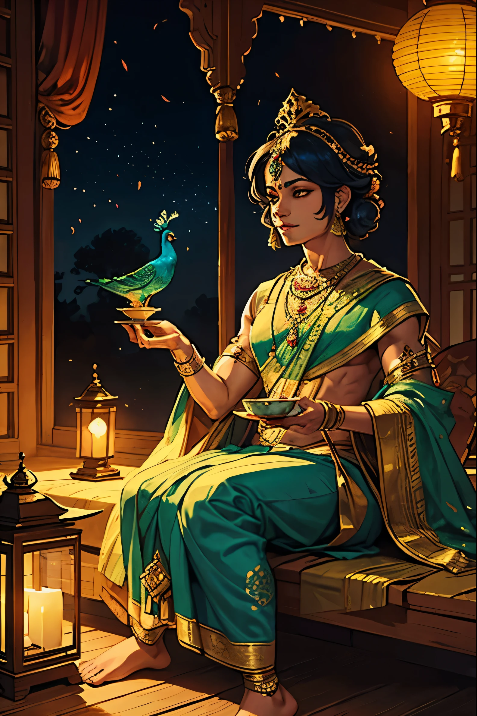 Lord Krishna, sitting in a traditional Indian house, sharing tea with an Indian woman in saree, lantern, majestic, serene, magnificent, peacock feathers on his crown
