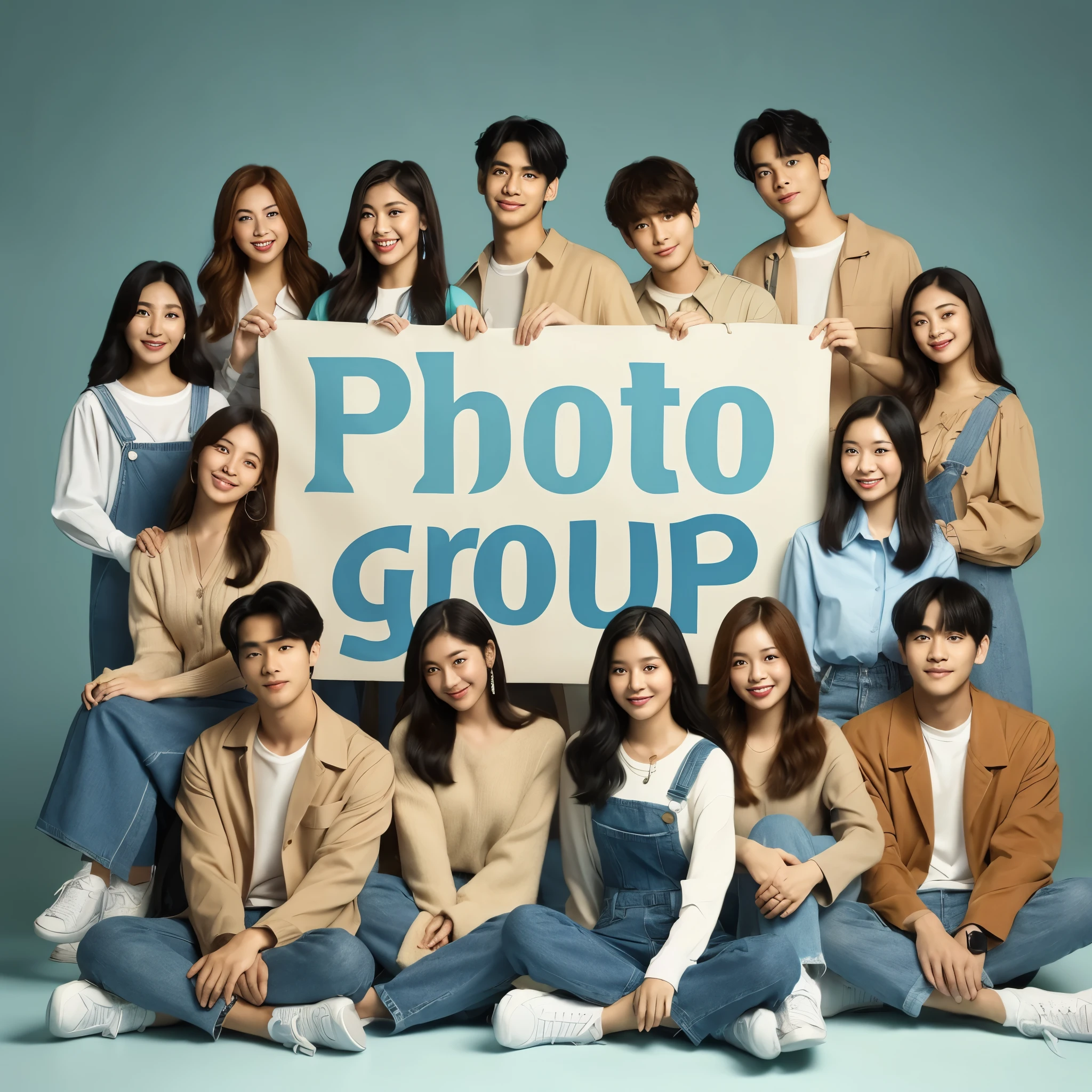 8 young Asian women, 5 young Asian men, harmony-dressed, posing with a large banner reading 'PHOTO EDITOR GROUP', plain blue background, (best quality, 8k, highres, masterpiece:1.2), ultra-detailed, (realistic, photorealistic, photo-realistic:1.37), HDR, studio lighting, sharp focus, physically-based rendering, professional, vivid colors, portraits, plain, smiling expressions