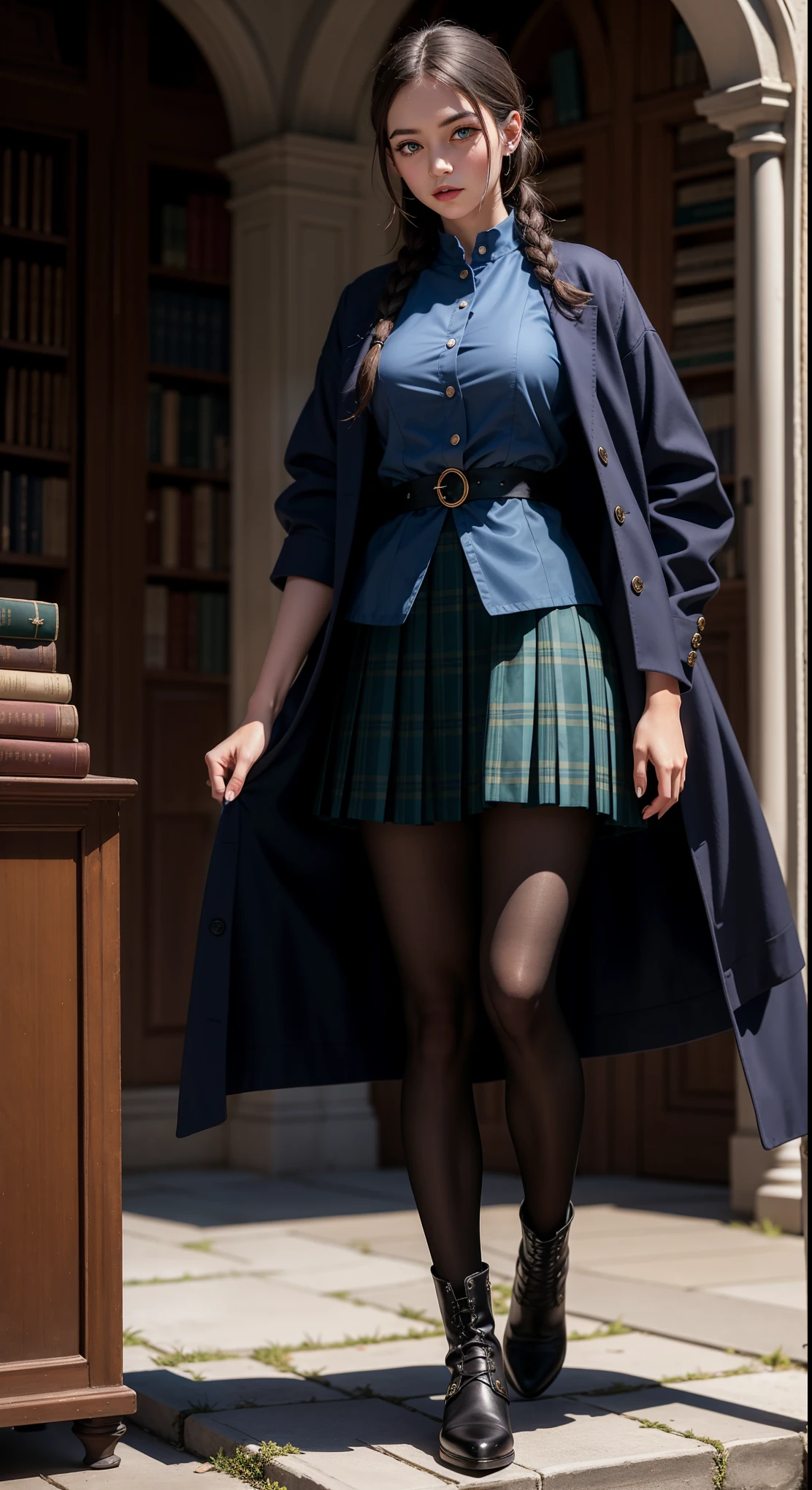 ((photorealism, high quality, detail, masterpiece, best quality:1.2)), (whole body) A young aristocrat girl from a fictional European medieval aristocracy, a student of the Academy of magic, looks at us with seductive eyes ... (she stands half-turned, holding her skirt with her hands), dressed in a student uniform, (dark blue) short jacket made of fabric (velvet) ((gold trim, patch on the sleeve)), (green) plaid pleated skirt (dress), black high boots, (black) thick hair braided on one side, blue eyes, Magical atmosphere, Academy of Magic, ancient library, fantasy art, this work is done in very realistic colors.She is characterized by artistic expressiveness.