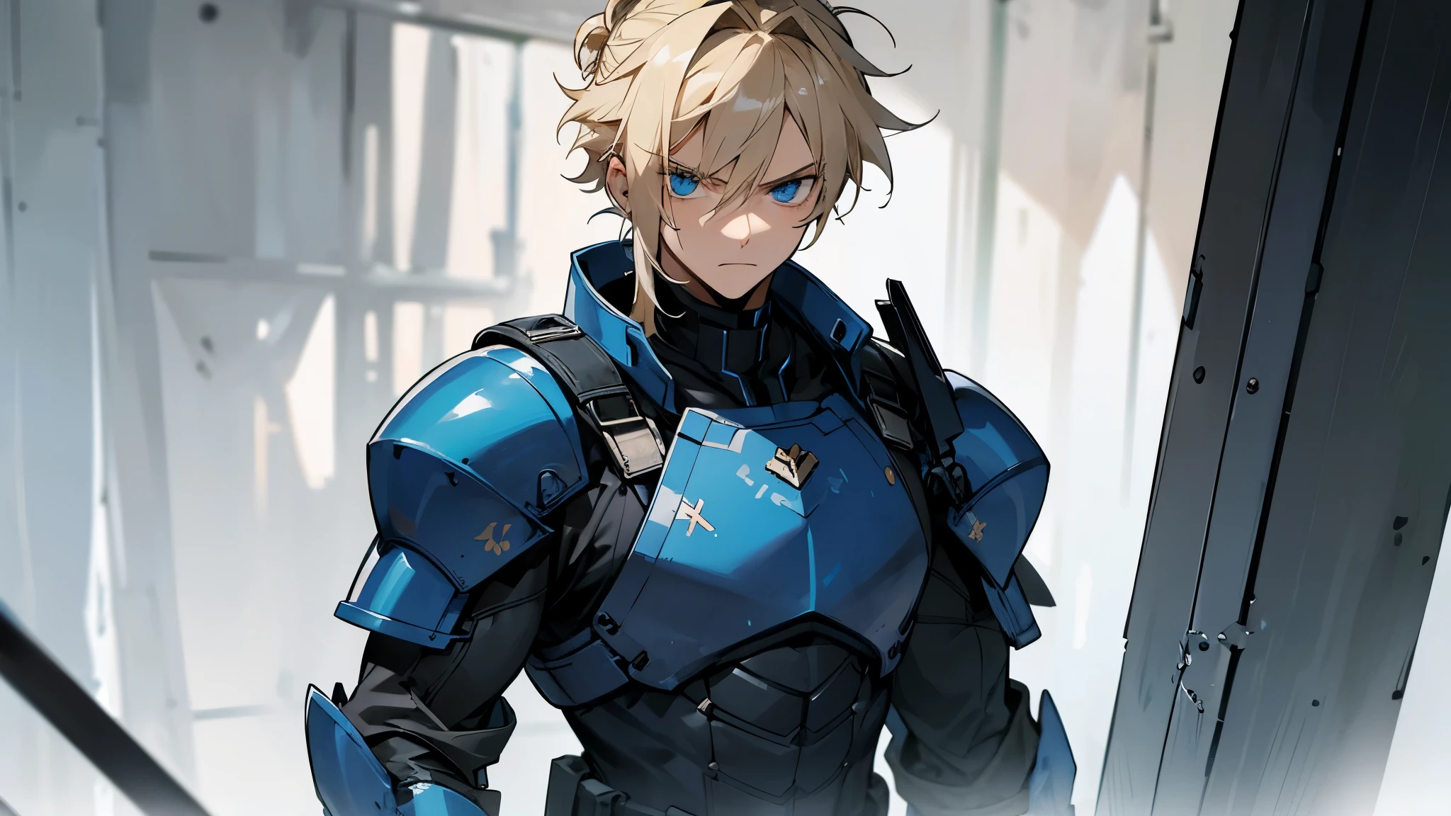 Military Combat Clothing , Black and Blue Clothing, Armored Clothing,1male ,  Male , Muscular , Blonde Hair Tied in a Bun , Messy Hair , Serious Expression , Blue Eyes , Standing in outside , Facing Viewer ,
