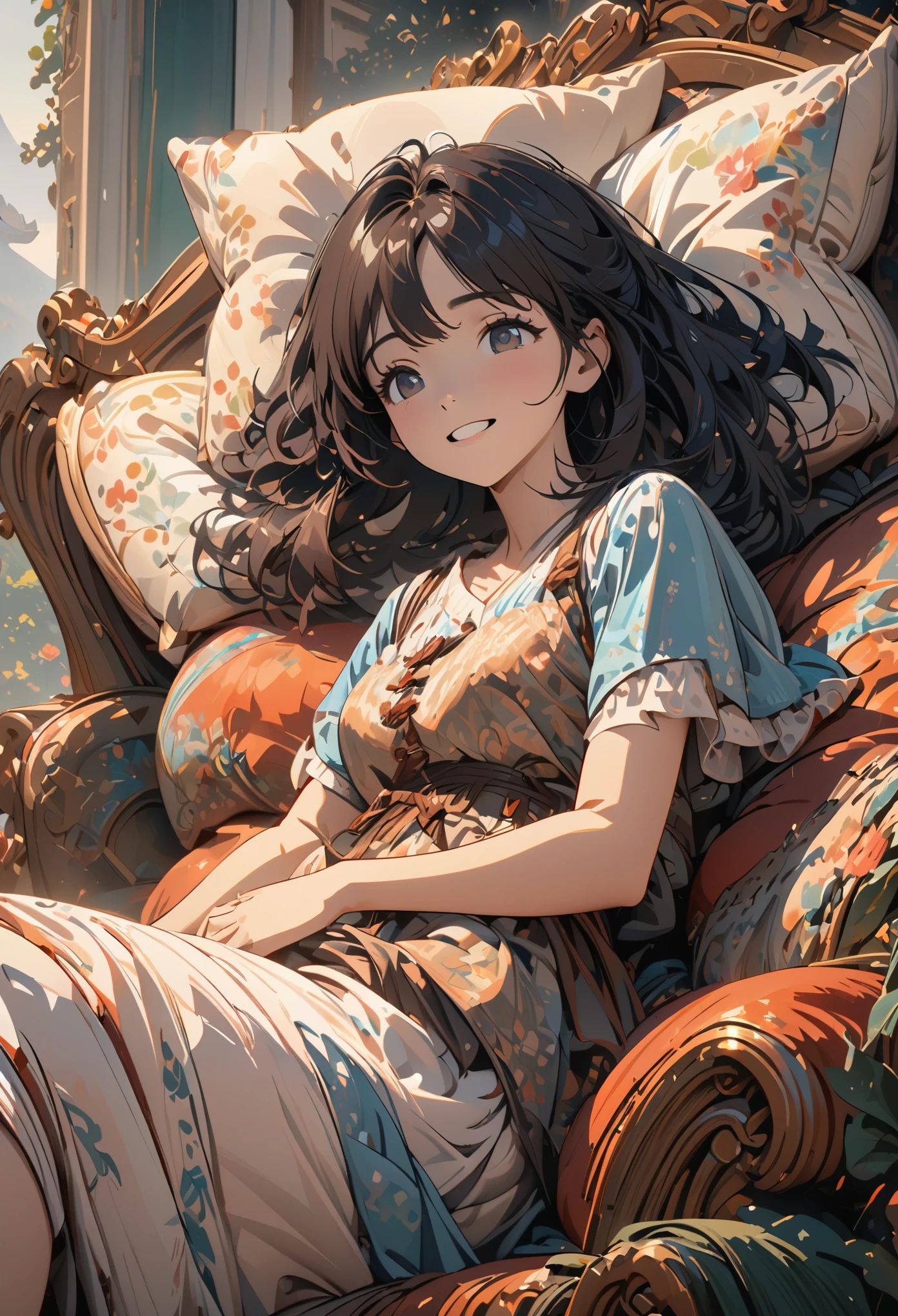 a girl, lying on the sofa, looking happy, Chinese animation style, looks depressing, high quality, Super detailed, Crazy details, 4K