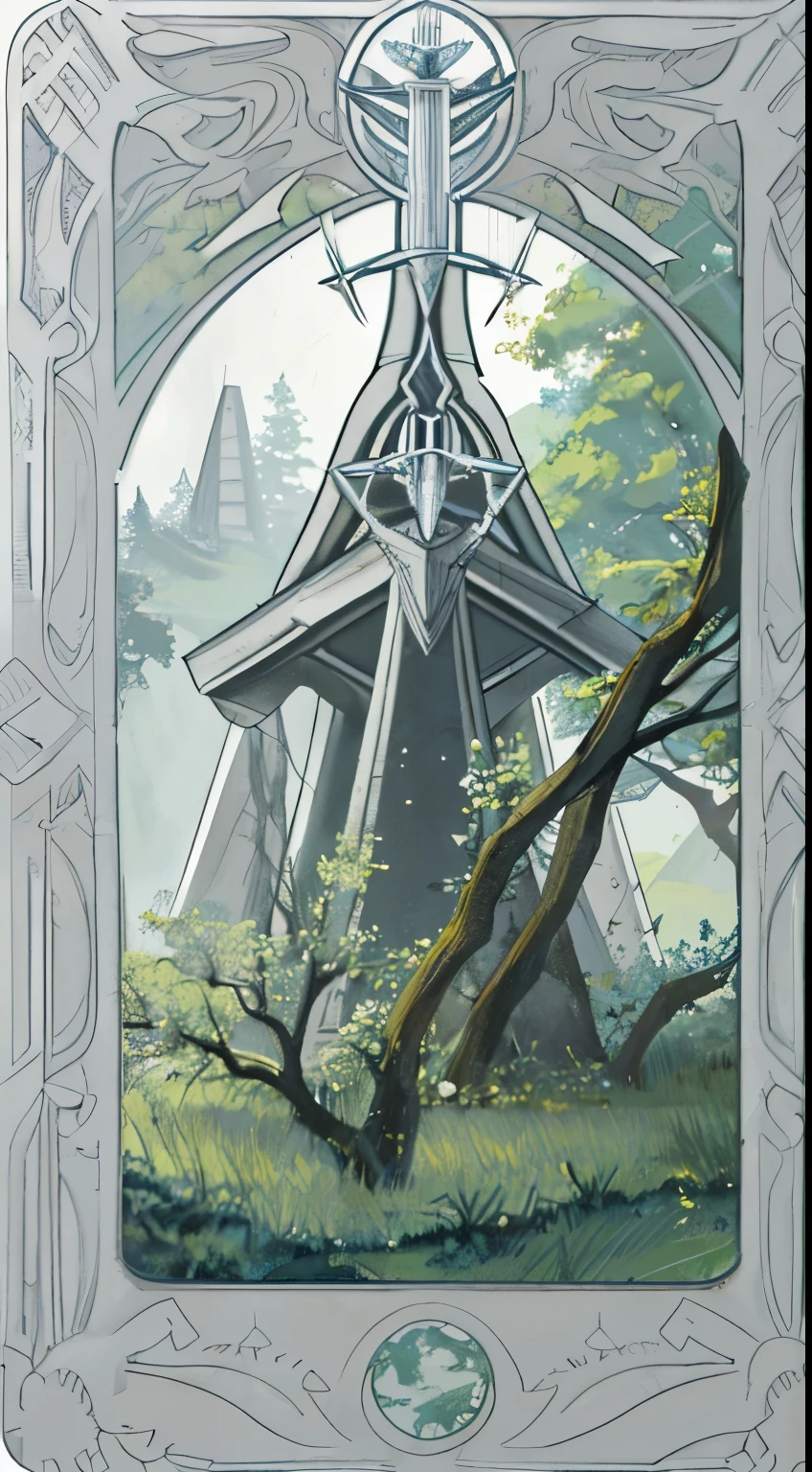 Masterpiece, best quality, ultra-detailed, a huge grayish obelisk in the center of a field of grasses and dead trees, tarot card