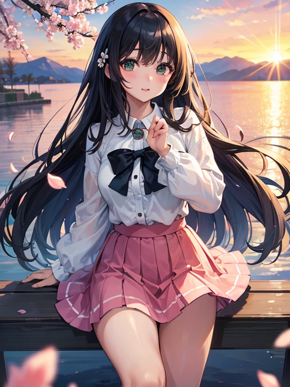(super masterpiece、Super realistic、Super high quality、超A high resolution、Raw photo、ultra high resolution photos、super sharp focus)、cowboy shot、thick thighs、green sheer blouse、Light white sexy mini skirt、flare skirt、beautiful feet、Colorful long hair、I'm embarrassed、lake、boots、、、ecstasy、sunset、seaside、embarrassing、looking at you、hair is blown away by the cold、cherry blossom petals