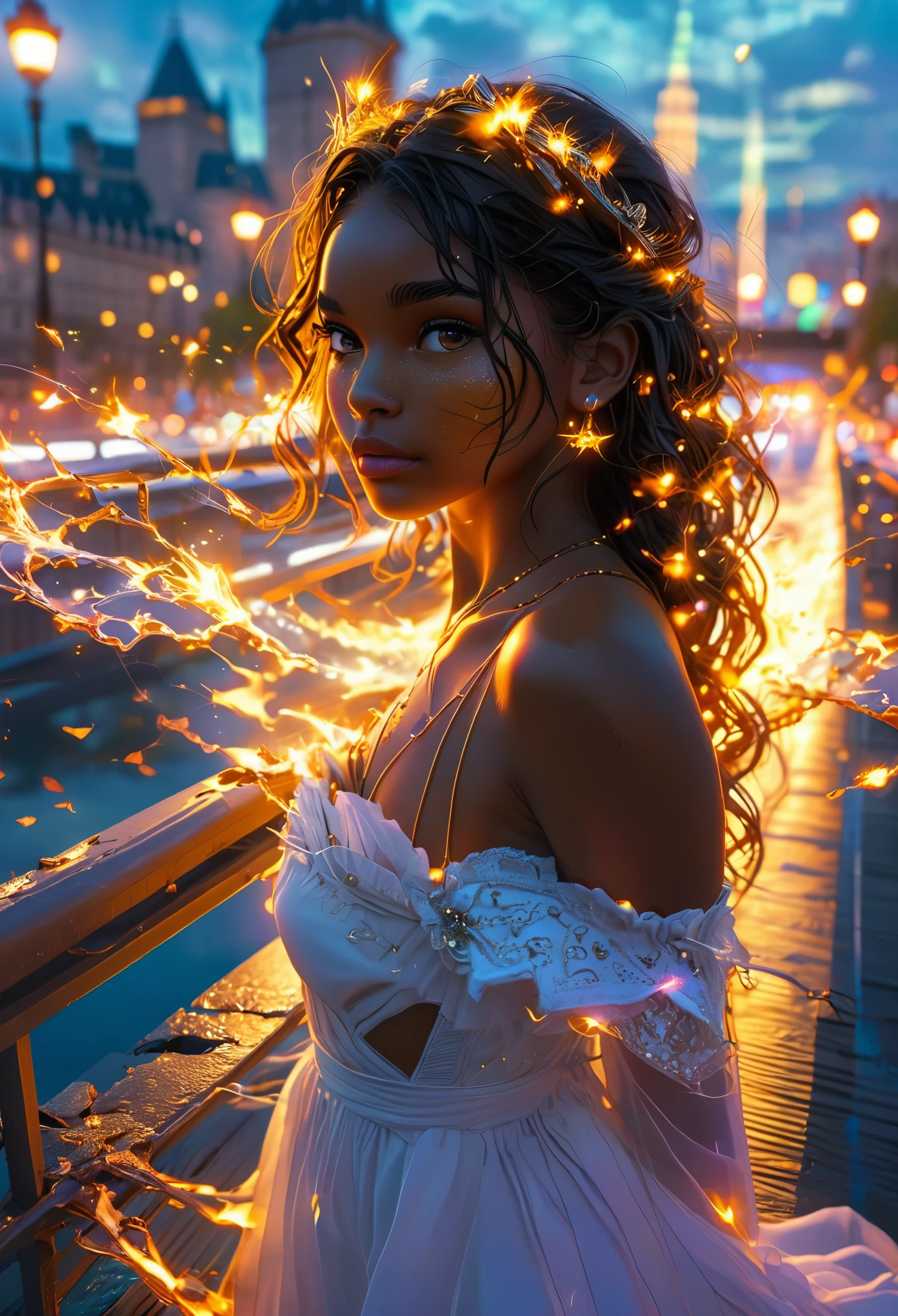 In a Pont Mirabeau in Paris, ((an Beautiful brown skin girl sur un pont in the night city)), (((elle est une princesse, (((the bridge is broken:1.7 et de l'autre côté se trouve un prince brown skin:1.9))), (((la princesse essaie de rejoindre le prince))), dangerous scene, guerre, bataille, chaos, fire et fury, 8K, extremely detailed, high quality, (photorealistic:1.37), Full body, vibrant colors, perfect lighting, soulful expressions, celestial aura, majestic presence, dreamlike atmosphere, 8 k artistic photography, photorealistic concept art, soft natural volumetric cinematic perfect
