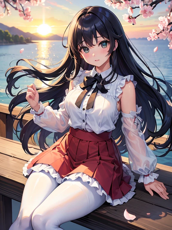 (super masterpiece、Super realistic、Super high quality、超A high resolution、Raw photo、ultra high resolution photos、super sharp focus)、cowboy shot、thick thighs、green sheer blouse、Light white sexy mini skirt、flare skirt、beautiful feet、Colorful long hair、I'm embarrassed、lake、boots、、、ecstasy、sunset、seaside、embarrassing、looking at you、hair is blown away by the cold、cherry blossom petals、colorful pantyhose