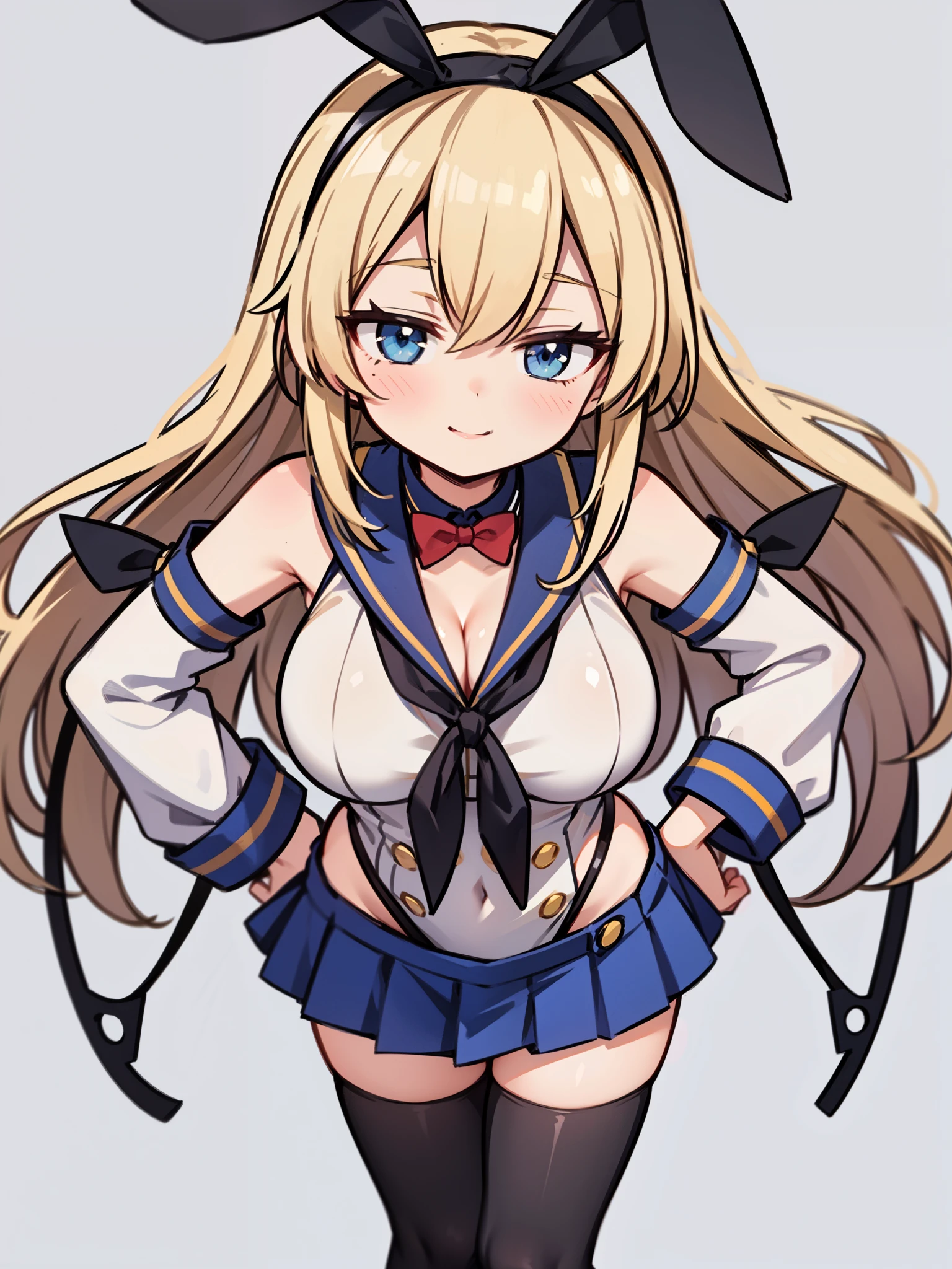 rensouhou-chan, shimakaze (kancolle), 1girl, solo, long hair, breasts, looking at viewer, blush, skirt, blonde hair, large breasts, simple background, hair ornament, thighhighs, gloves, white background, navel, hair between eyes, closed mouth, underwear, , collarbone, yellow eyes, pleated skirt, hairband, serafuku, sleeveless, elbow gloves, striped, white gloves, miniskirt, sailor collar, blue skirt, crop top, wet, neckerchief, sideboob, skindentation, highleg, black hairband, blue sailor collar, striped thighhighs, alternate breast size, microskirt, black neckerchief, anchor hair ornament