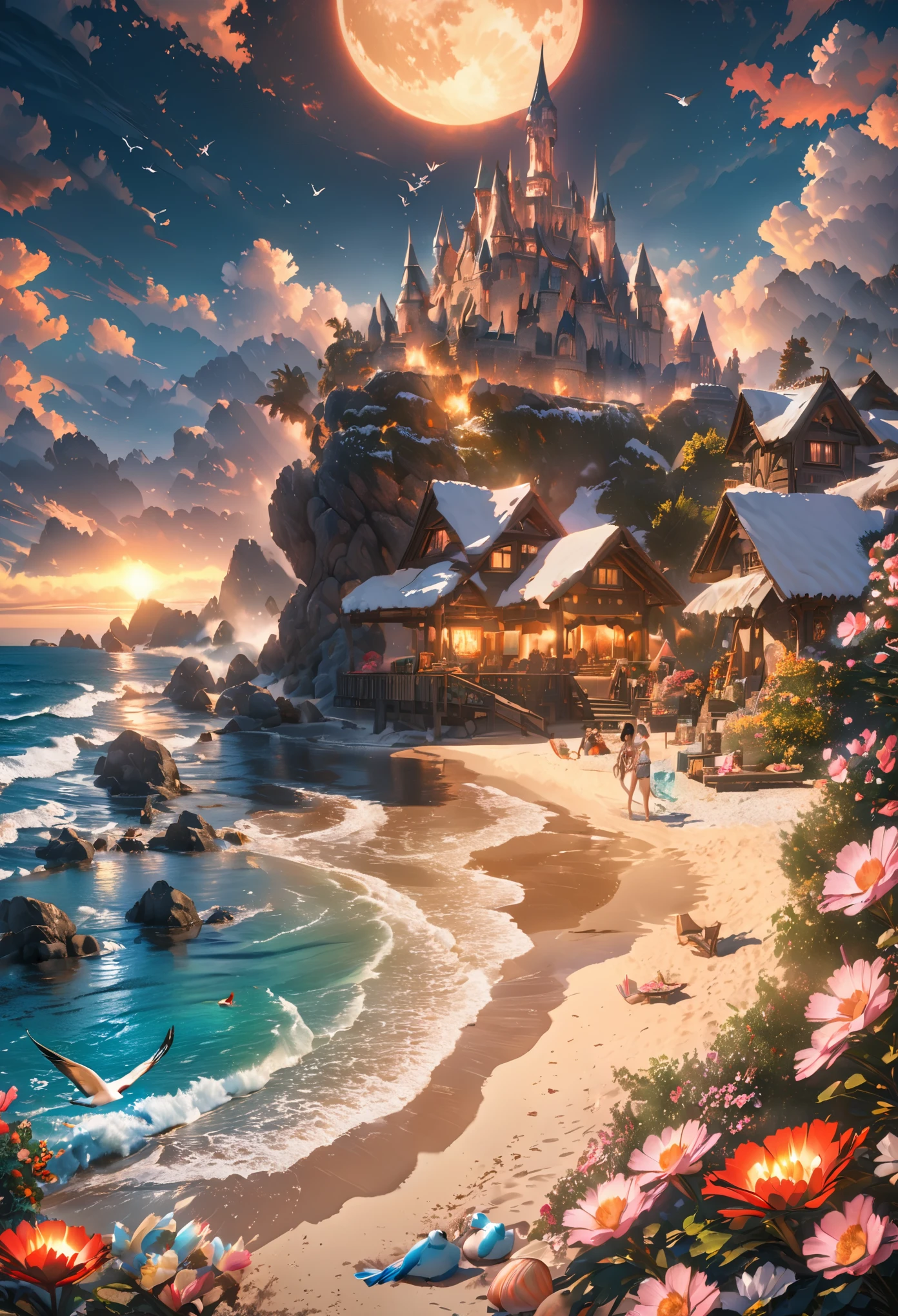 castle, flowers, Delicate scene, Sky, Baiyun, The sun shines on the snow-white beach. birds, pink flowers and bright big shells, diamond crystal, on the beach, fantasy, night Sky, moon, smokes, fire, photo, HD, 8K, UHD, Super details, high quality, 1080P  