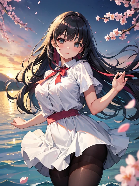 (super masterpiece、Super realistic、Super high quality、超A high resolution、Raw photo、ultra high resolution photos、super sharp focus)、cowboy shot、thick thighs、green sheer blouse、Light white sexy mini skirt、flare skirt、beautiful feet、Colorful long hair、I'm embarrassed、lake、boots、baby face、、ecstasy、sunset、seaside、embarrassing、looking at you、hair is blown away by the cold、cherry blossom petals、black pantyhose