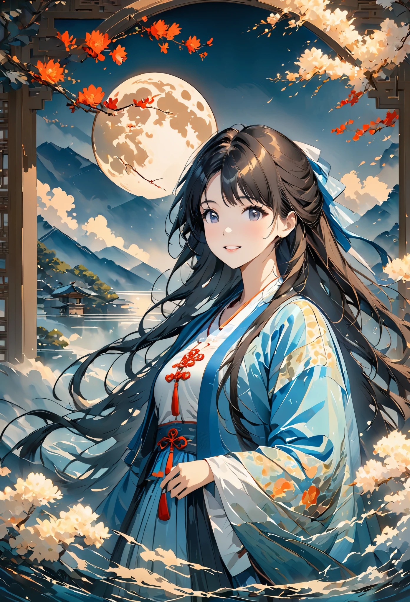 Zen painting illustration,anime art style,flowing patternsa,(master piece:1.2), best quality, highres, perfect lighting, 8k wallpaper, painting, paintbrush, Chinese_legends,cover art, Guochao, (1girl:1.4), woman focus,solo, full_shot, long_hair, flowing_hair, black_hair, gentle smile, hanfu, big sleeve, 1white_bunny,
background with (huge moon), clouds, full_moon,moonlight,lunar,moon,water,moutain,tree,cloud,smoke,fog,sky,