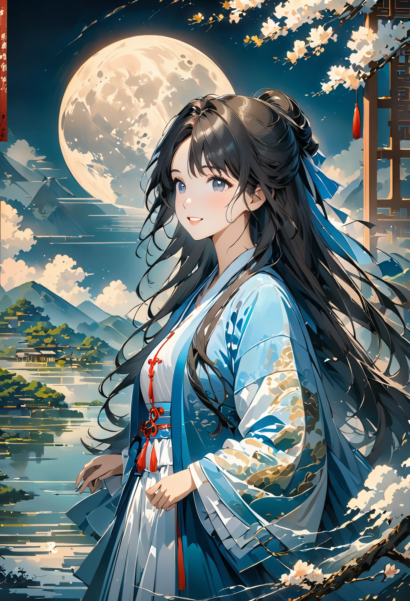 Zen painting illustration,anime art style,flowing patternsa,(master piece:1.2), best quality, highres, perfect lighting, 8k wallpaper, painting, paintbrush, Chinese_legends,cover art, Guochao, (1girl:1.4), woman focus,solo, full_shot, long_hair, flowing_hair, black_hair, gentle smile, hanfu, big sleeve, 1white_bunny, 
background with (huge moon), clouds, full_moon,moonlight,lunar,moon,water,moutain,tree,cloud,smoke,fog,sky,