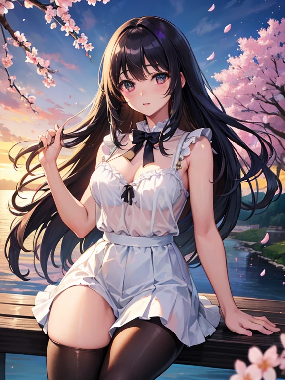 (super masterpiece、Super realistic、Super high quality、超A high resolution、Raw photo、ultra high resolution photos、super sharp focus)、cowboy shot、thick thighs、green sheer blouse、Light white sexy mini skirt、flare skirt、beautiful feet、Colorful long hair、I'm embarrassed、lake、boots、baby face、、ecstasy、sunset、seaside、embarrassing、looking at you、hair is blown away by the cold、cherry blossom petals、black pantyhose、light purple lace bra and panties