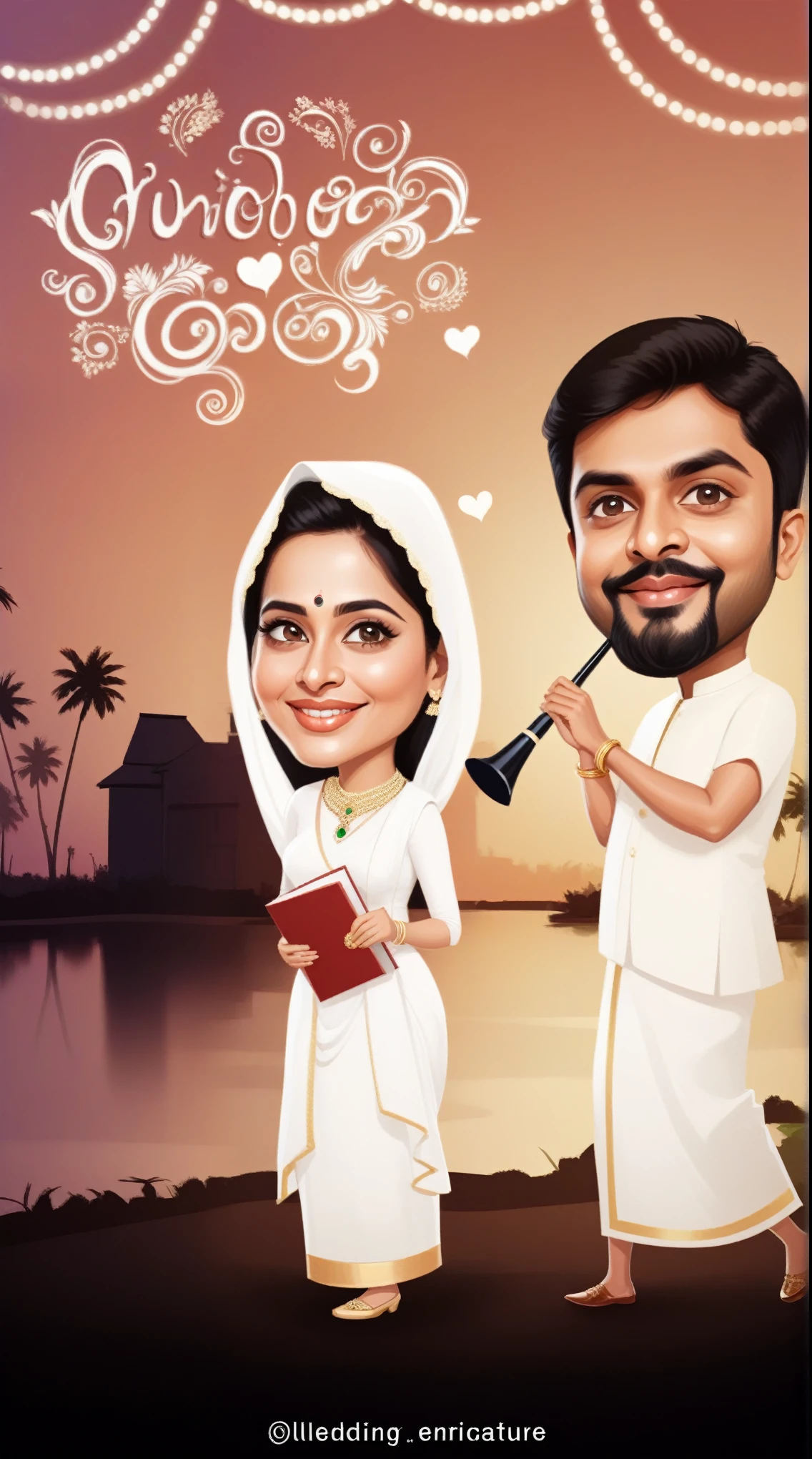 a couple in wedding attire standing next to each other, caricature illustration, caricature style, caricature!!!, charicature, cartoon digital painting, in cartoon style, caricature, digital illustration, inspired by Thota Vaikuntham, profile pic, cartoon digital art, digital cartoon painting art, portait photo profile picture, cartoon style illustration, illustartion, cartoon still