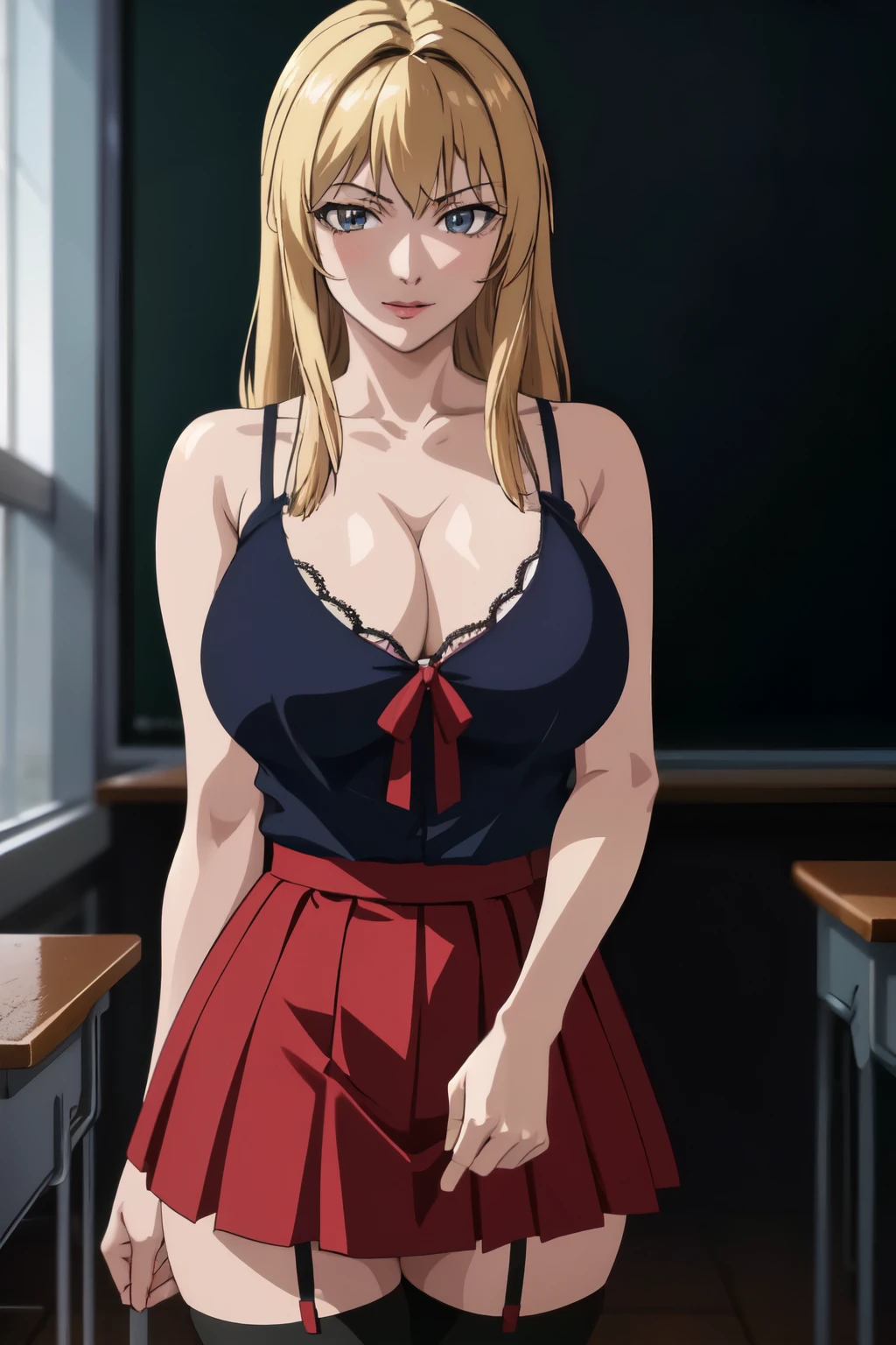 masterpiece, best quality, highres, 1girl kaori saeki, spaghetti strap black vest red skirt black thighhighs, large breasts, huge breasts, cleavage, visible underwear, classroom, cowboy shot, (smug:0.3), looking at viewer, focus solo