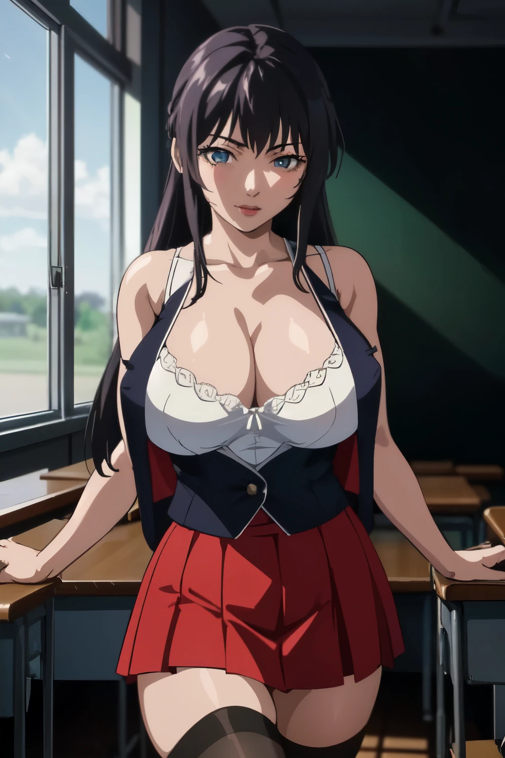 masterpiece, best quality, highres, 1girl kaori saeki, spaghetti strap black vest red skirt black thighhighs, large breasts, huge breasts, cleavage, visible underwear, classroom, cowboy shot, (smug:0.3), looking at viewer, focus solo