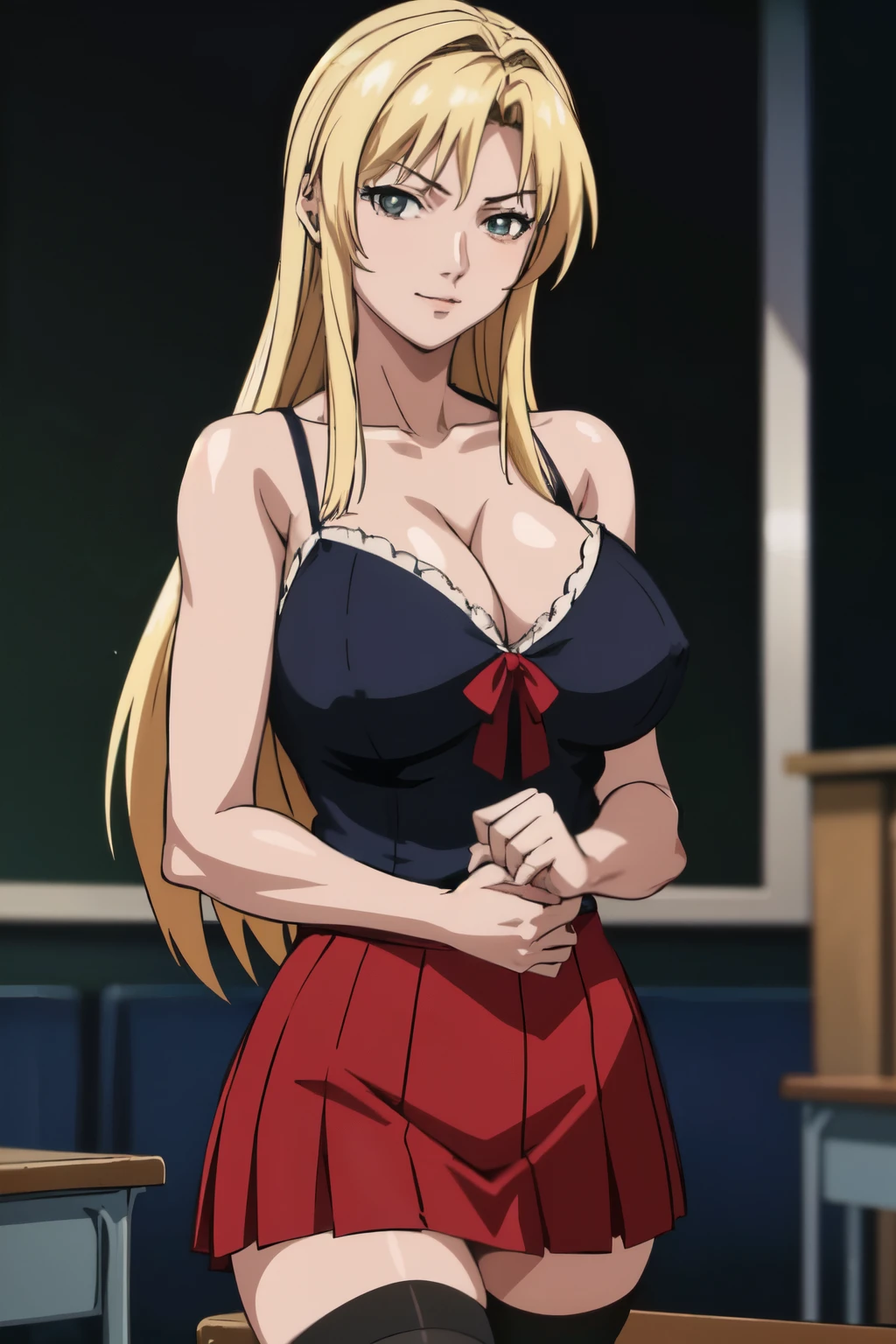 masterpiece, best quality, highres, 1girl kaori saeki, spaghetti strap black vest red skirt black thighhighs, large breasts, huge breasts, cleavage, visible underwear, classroom, cowboy shot, (smug:0.3), looking at viewer, focus solo