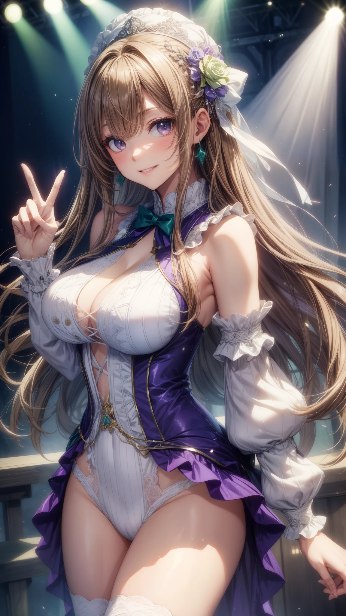highest quality、All limbs、full finger、Slender beauty、straight hair、brown hair、Dereste、green, white and purple idol costume、white panties、high socks、beautiful big breasts、live stage、sing、dancing、big smile、I'm seducing you