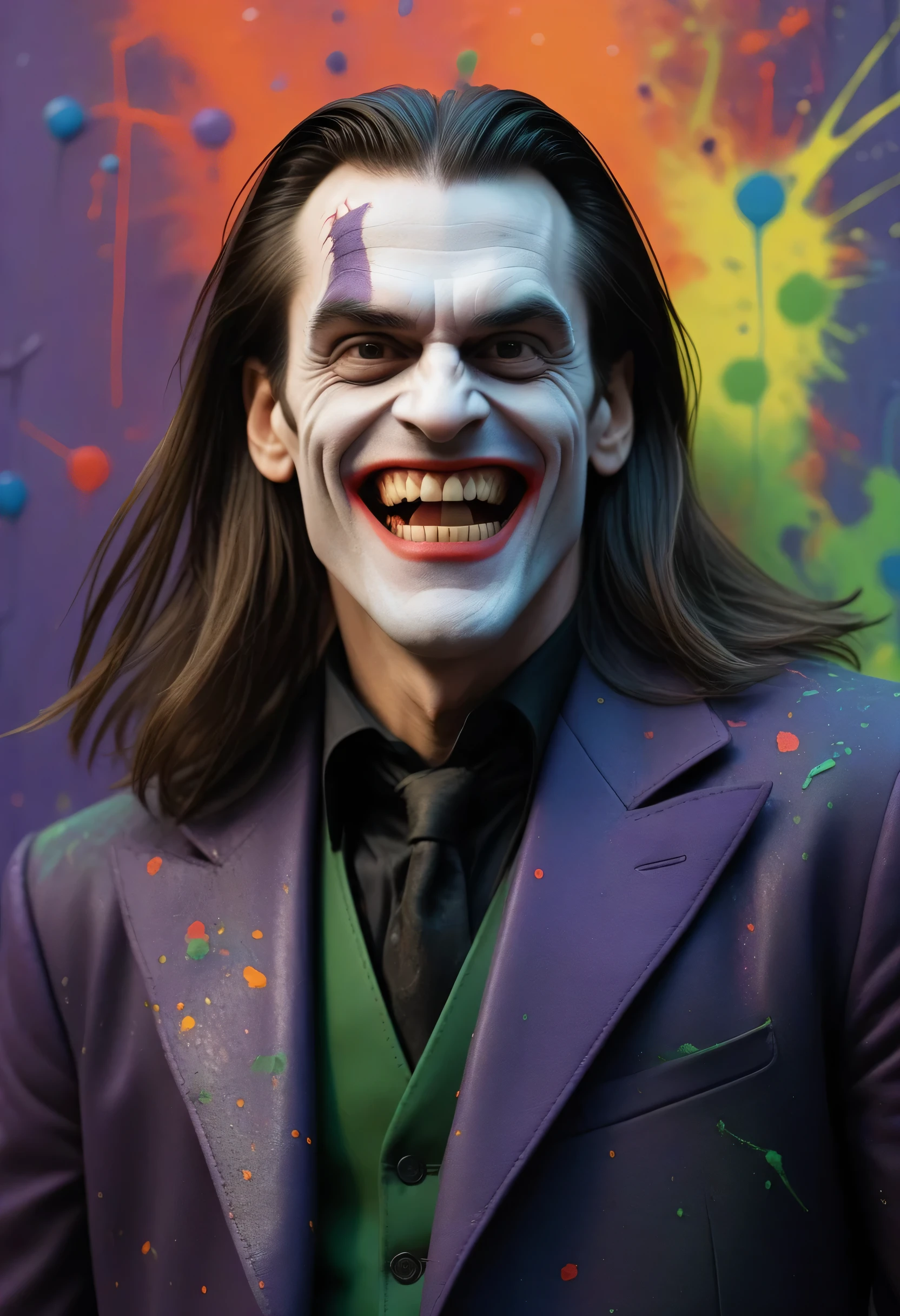 Jim Carrey as Count Dracula the Joker with long hair - with a maniacal grin on his face - an extremely colorful multicolor paint splattered wall in the background