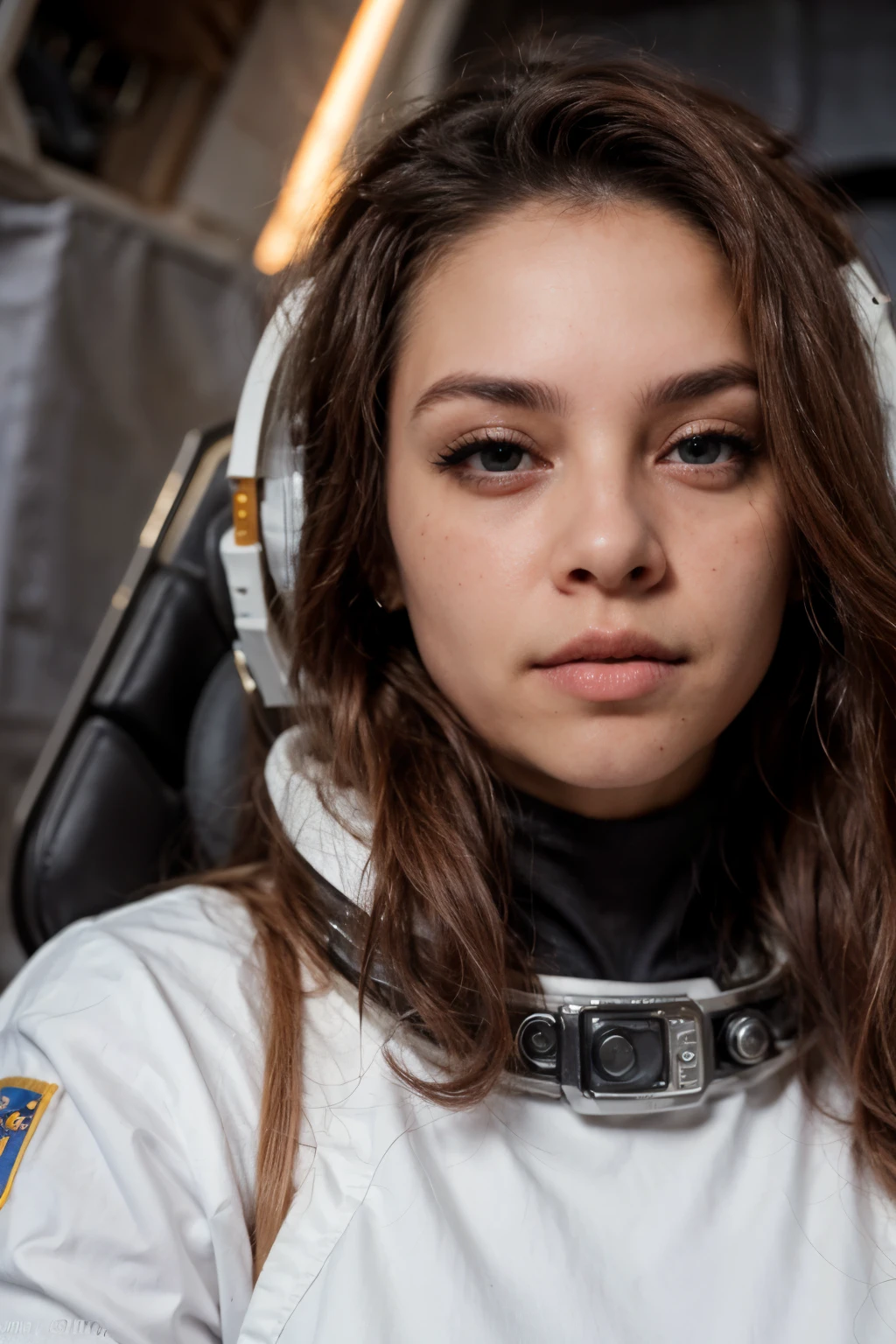 photo of a latina woman, in space, futuristic space suit, (freckles:0.8) cute face, sci-fi, dystopian, detailed eyes, blue eyes