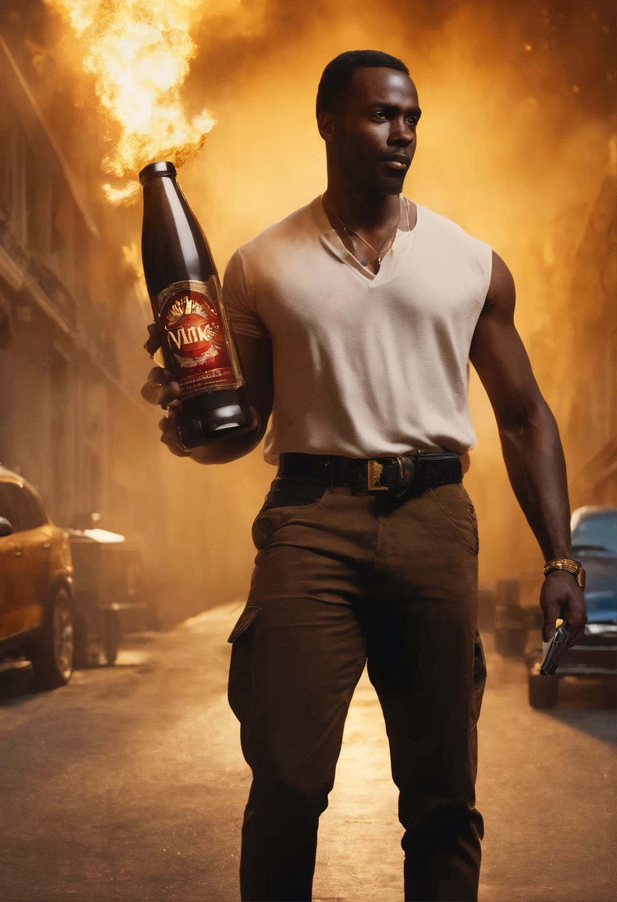 Black-skinned man holding a carton of milk while in the other hand he holds a gold gun and an explosion occurs in the background 