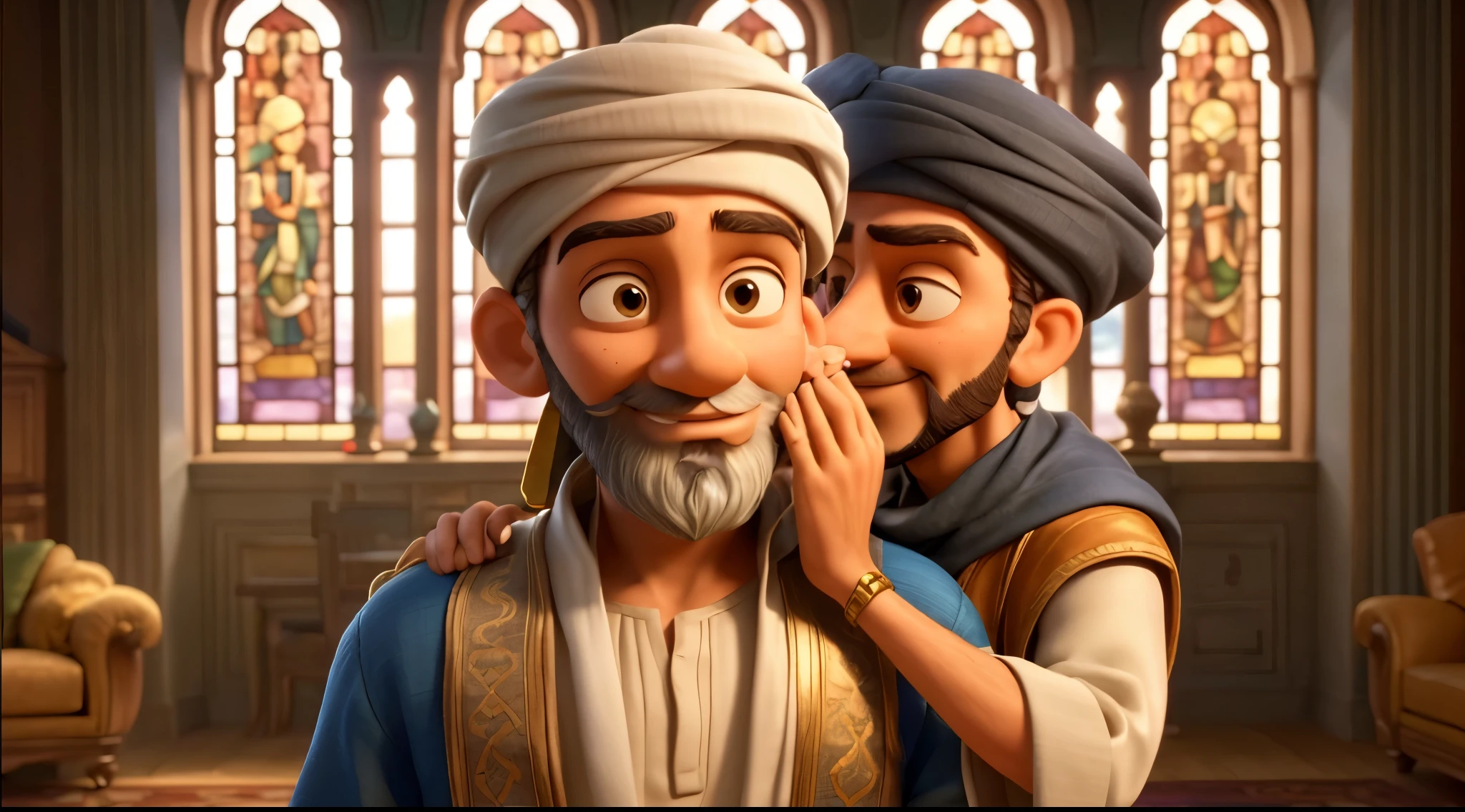 In the image, there are two man's characters wearing turbans. One of them is whispering into the other's ear. They are standing in a room with a couch, a chair, and a table. The walls are adorned with stained glass windows. The floor is covered with a carpet. The characters are wearing robes and have beards.