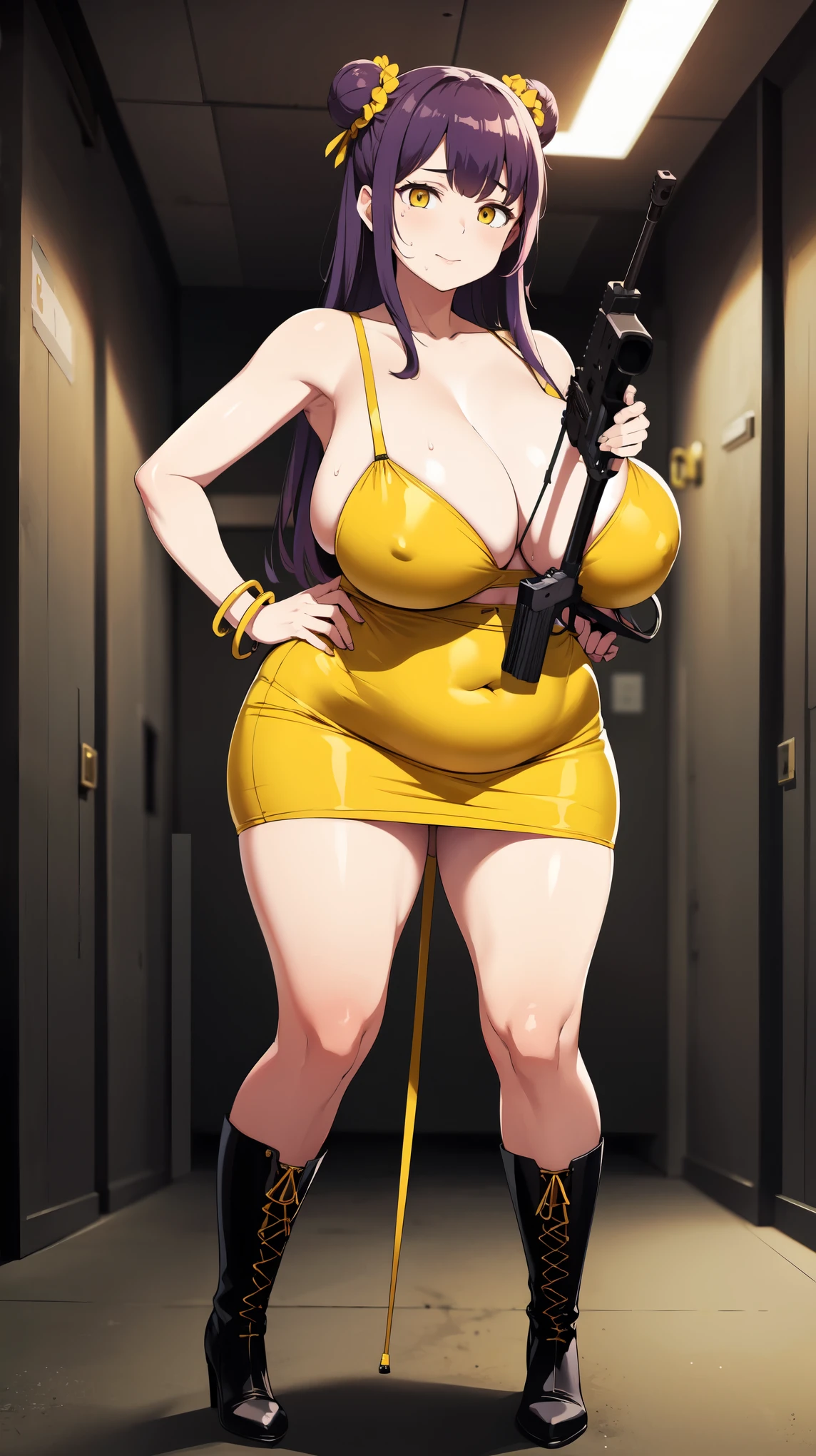 Slime girl, (slime), Slime hair Double buns hair style, Pumpkin Orange, weapon belt, Masterpiece, Best Quality, gigantic breasts, slime girl, slime girl, purple hair, lavender hair, yellow clothes, weapon belt around waistline, rifle, long rifle, AR-15 Rifle, assault rifle, exposed yellow bra, yellow clothing, wearing yellow clothing, fully body view, tight yellow dress, Rifle in hand, mature woman, gorgeous, perverted, sexy, yellow dress, exposed chest, exposed bra, exposed breast, black boots/heels, gold bracelets around wrist, holding rifle, aiming with rifle, tactical stance, tactical gear, sweaty body, long legs, tall woman, lustful yellow eyes, yellow lingerie ,plump soft breasts , upward view