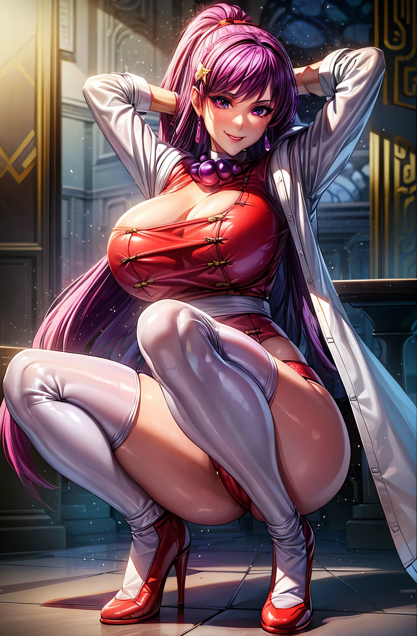 Girl, smile, red lips, big nose, big ????, big , long hair, purple hair colors, ???? body, fair skin, white jazz colors, red latex tantop colors, red latex ????????? colors, white latex nylon stocking colors, red hig heels colors, beautiful girl, ???? pose, realistic pose, in room pose, gaze looking at the camera, ((masterpiece,best quality)), absurdres,
Athena_Asamiya, 
solo, smiling, looking at viewer, cowboy shot, 
cinematic composition, dynamic pose, white latex stocking colors