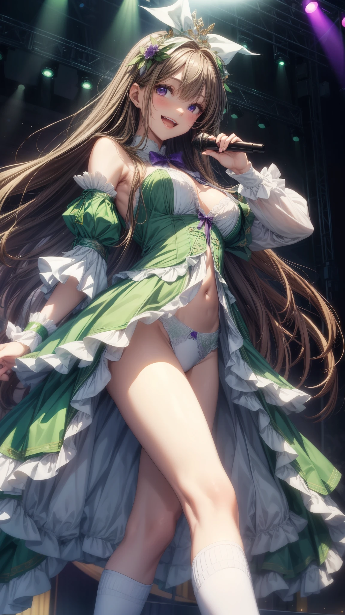 highest quality、All limbs、full finger、Slender beauty、straight hair、brown hair、Dereste、green, white and purple idol costume、white panties、high socks、beautiful big breasts、live stage、sing、dancing、big smile、I'm seducing you
