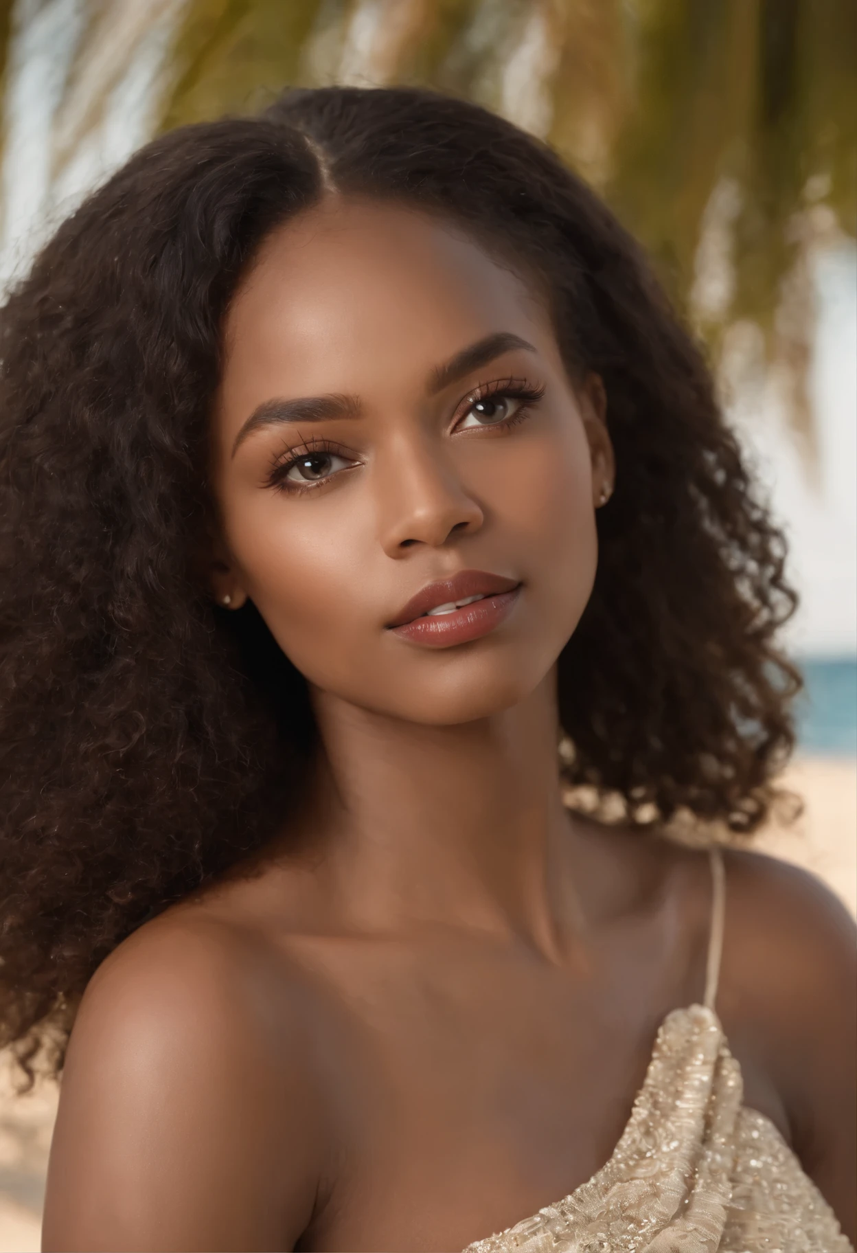 ((Peau africaine foncée, Peau d'ébène très profonde)), ((Its beauty is undeniable)), ((joli visage excité)), ((Hyper detailed perfect eyes,)), ((pose mignonne)), ((Langue sortie)), ((Attirant )), sexy, Afro curly hair dress )), (( peau)), ((debout, vue de face,out at the beach targeted CGI, photorealistic, high detail, Realistic, parti