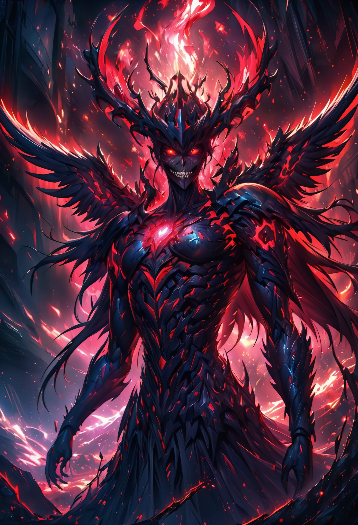 create fallen archangel,detailed angel wins, bloodlust, red glowy eyes, eerie, creepy, nightmarish, very bright colors, light particles, wallpaper art, cosmic energy,high detailed