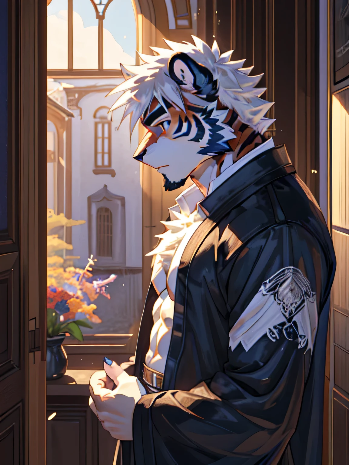 watercolor,Ukiyo-e art,etching,Sunlight,natural lighting,etching,Kyoto Manga,male,juvenile,hairy,White Tiger,(((pure white fur))),(((black and blue pattern)))),(((white hair))),blue eyes,(((Strong body))),face close-up,whole body,octave render,High purity shades,high detail,high quality,third person perspective,(((Nude from the waist up)))