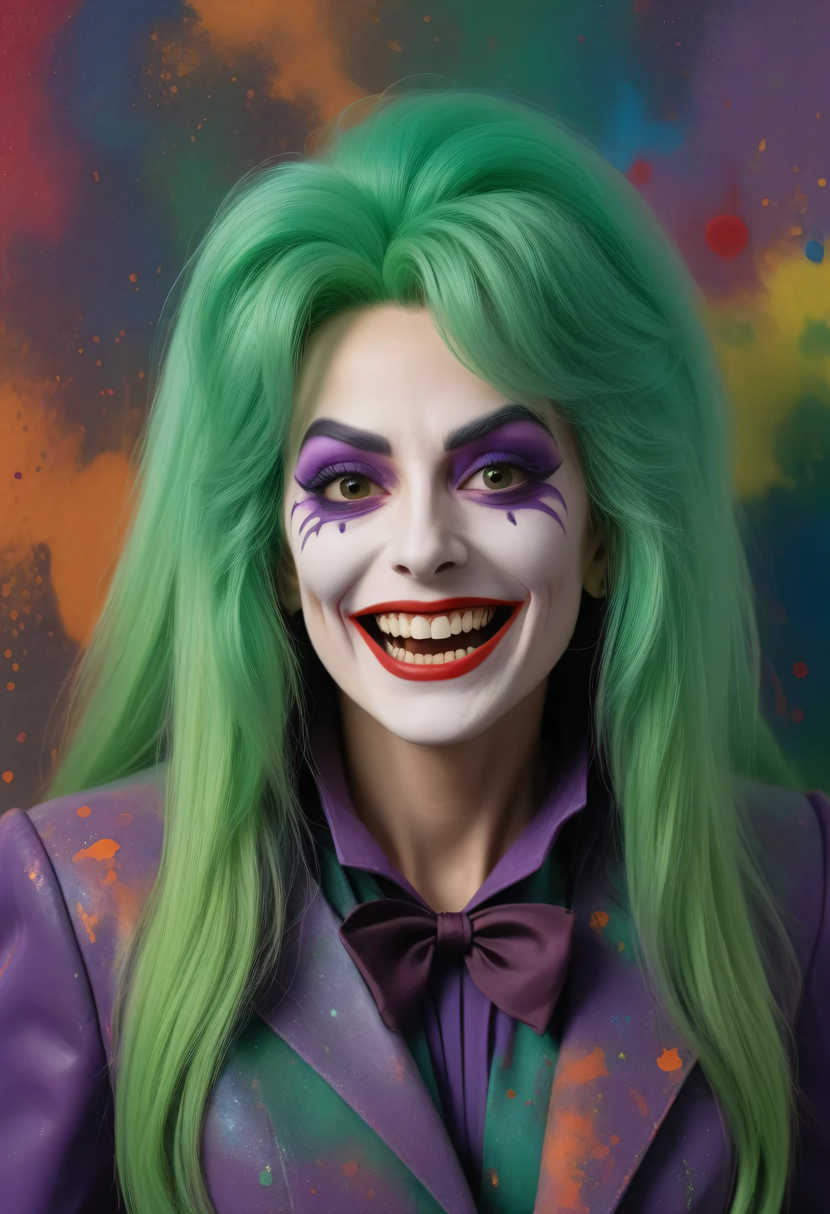 Mugshot of 56-year-old Molly Ringwald as a female Joker, grinning, with messy stringy green hair, messy white facepaint, red lips, messy dark eyeshadow, Glasgow grin scars, scars on cheeks, The Dark Knight (2008) influenced, extremely realistic, extremely detailed, extreme realism, extreme detail, creepy, eerie, extremely accurate resemblance, unsettling, green hair, grimy teeth, dark, scars, middle aged, gritty