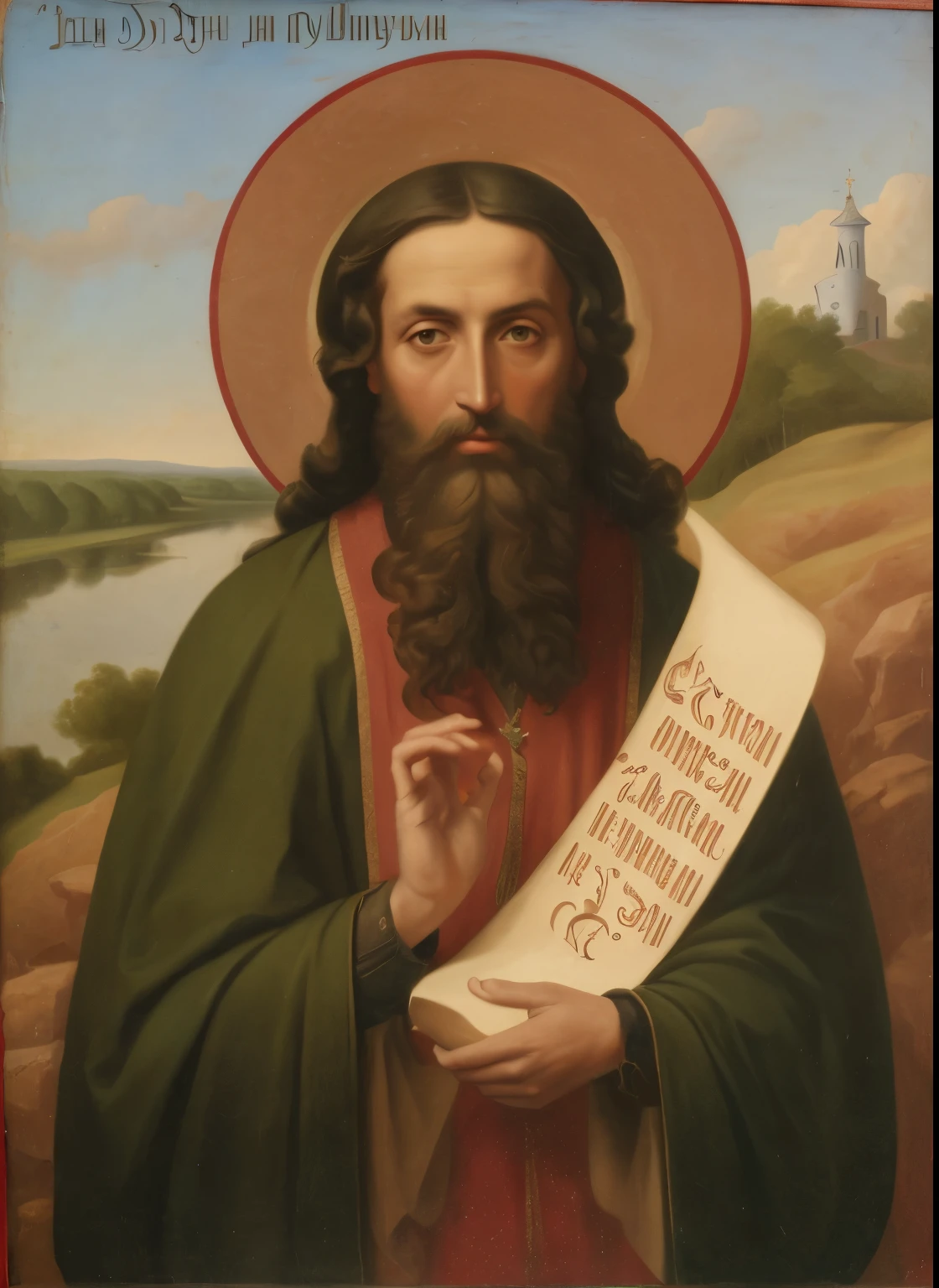 painting of a bearded man holding a scroll with a river in the background, orthodox saint, by József Koszta, christian saint, by Jan Stanisławski, by Serhii Vasylkivsky, by Roman Bezpalkiv, by Viktor de Jeney, maxim sukharev, artem chebokha